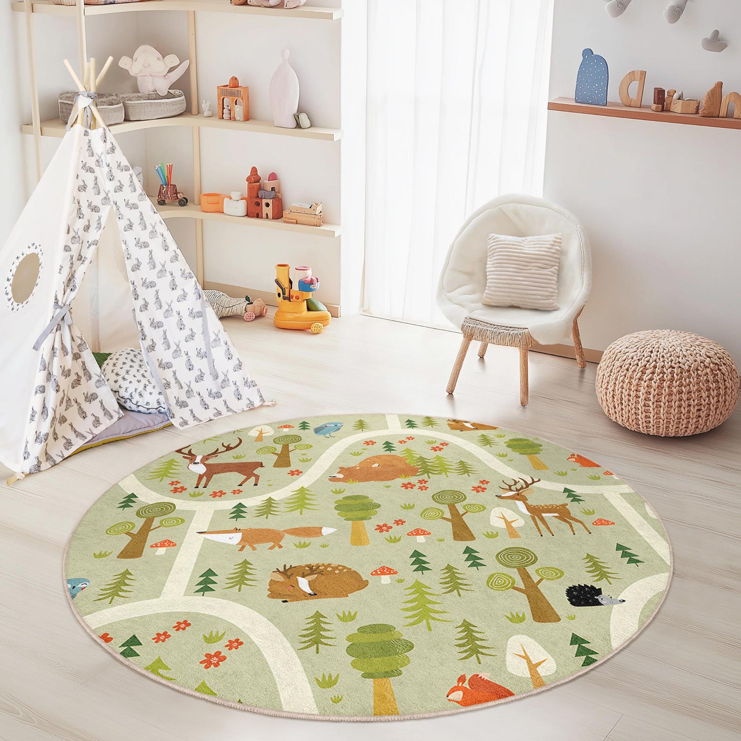 Runder Kinderteppich „Waldabenteuer“, Spielmatte mit Waldtieren, runder Teppich fürs Kinderzimmer, Kinderzimmerdeko, Teppich mit Naturmotiven