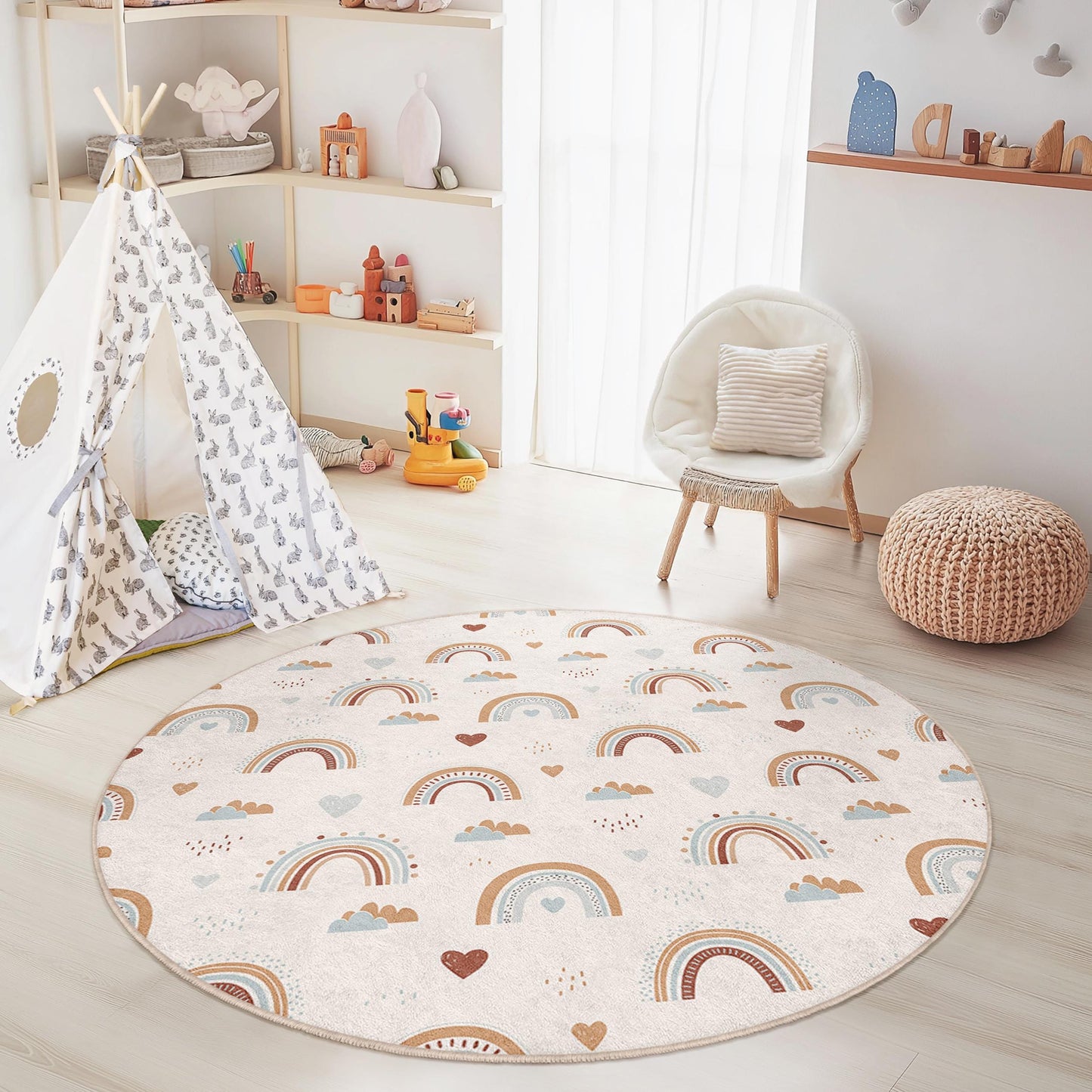 Runder Kinderteppich mit Regenbogenmuster, weicher runder Teppich fürs Kinderzimmer, Spielzimmerdeko, bunter Regenbogenteppich, niedlicher Kinderzimmerteppich