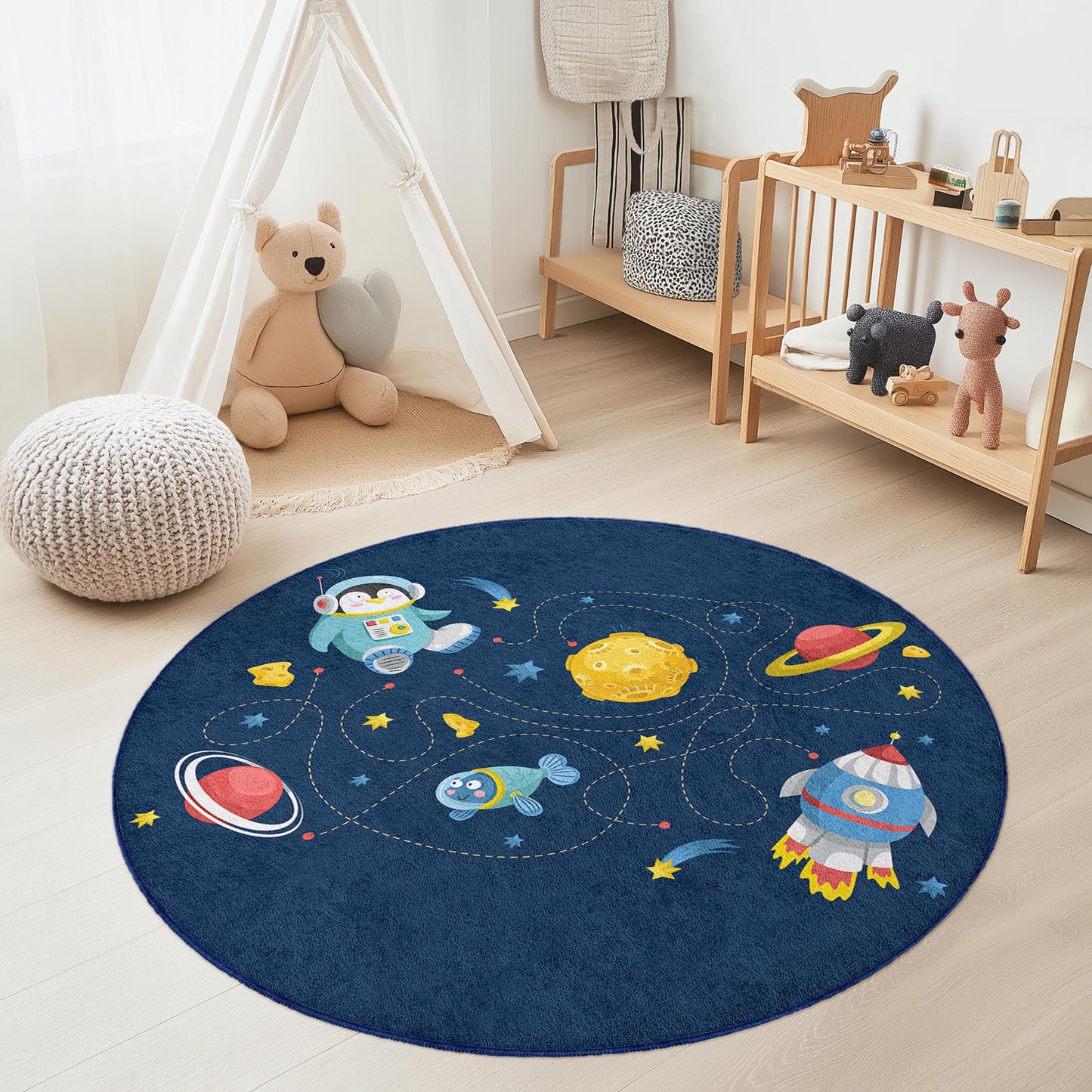 Runder Weltraum-Spielteppich für Kinder, Spielmatte mit Astronautenmotiv, Galaxie-Deko fürs Kinderzimmer, lustiger Weltraumteppich, Spielbereich im Kinderzimmer