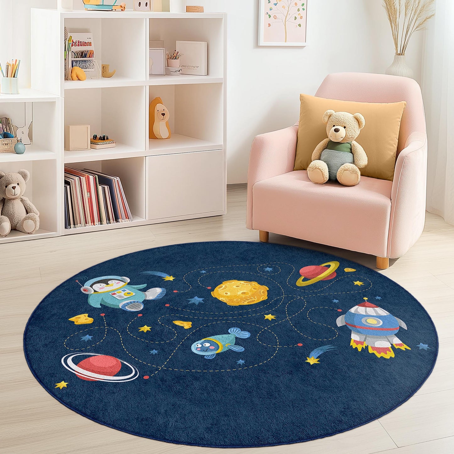 Runder Weltraum-Spielteppich für Kinder, Spielmatte mit Astronautenmotiv, Galaxie-Deko fürs Kinderzimmer, lustiger Weltraumteppich, Spielbereich im Kinderzimmer