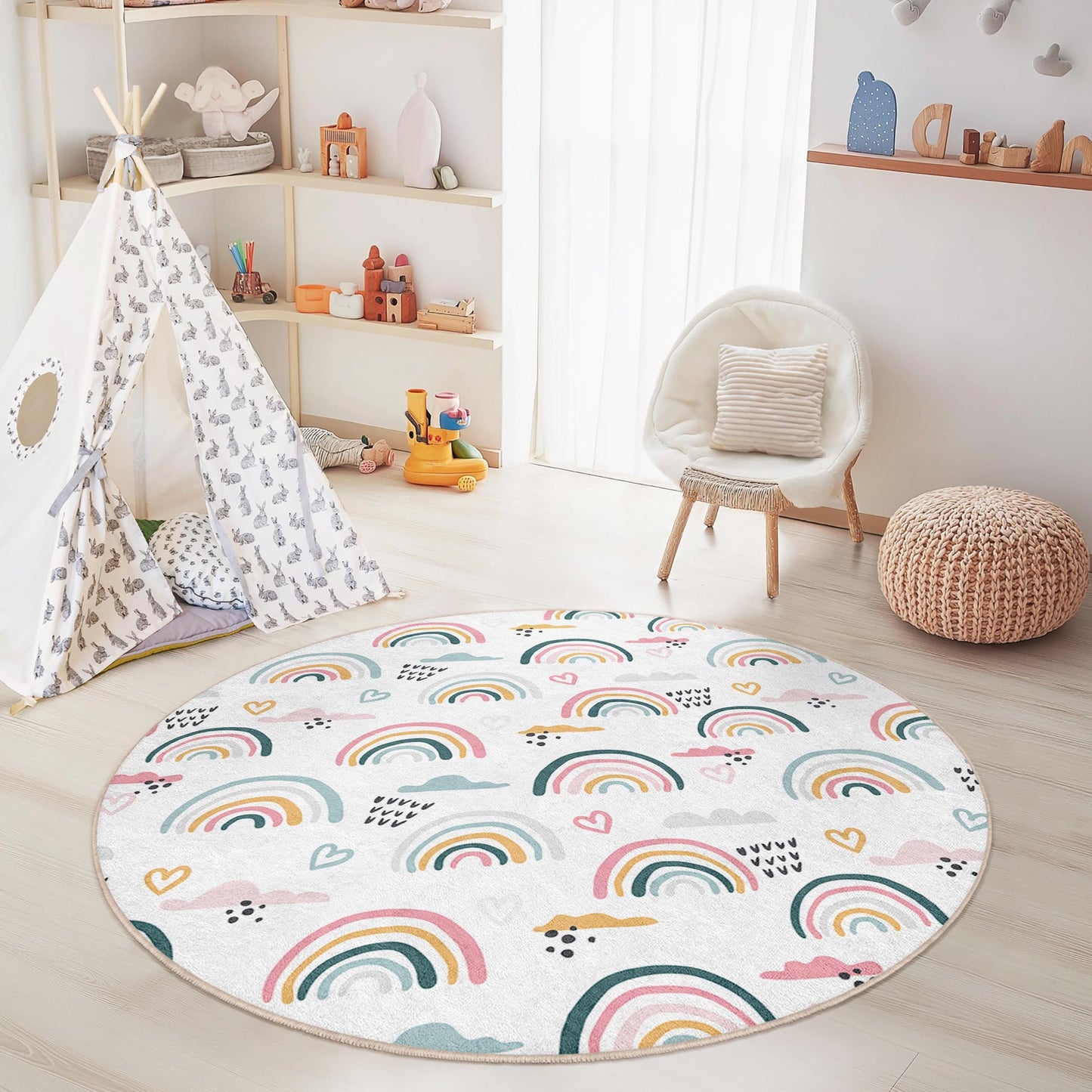 Regenbogen-Spielteppich für Kinder: Weicher Kinderzimmerteppich mit Wolkenmotiv