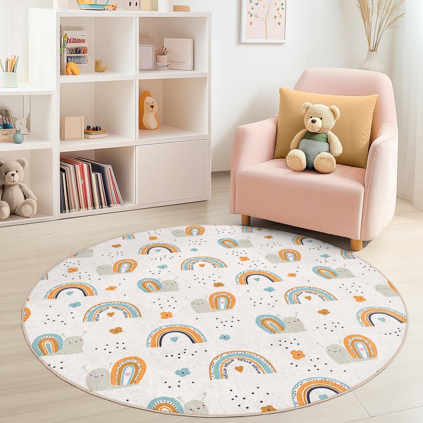 Niedlicher runder Kinderteppich mit Schnecken- und Regenbogenmotiv, verspielter Kinderzimmerteppich, Kinderzimmerdekoration, weiche Spielmatte, farbenfroher Kinderteppich