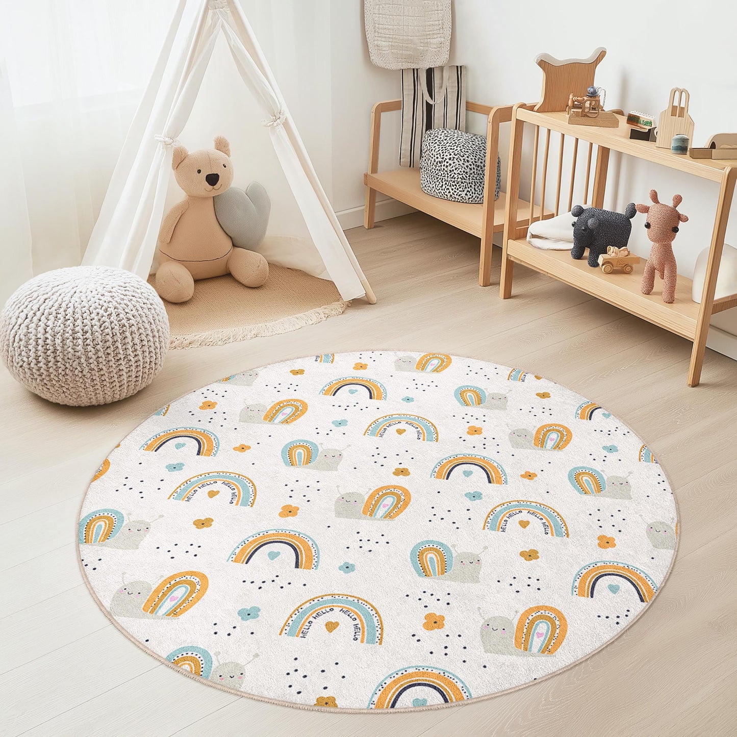 Niedlicher runder Kinderteppich mit Schnecken- und Regenbogenmotiv, verspielter Kinderzimmerteppich, Kinderzimmerdekoration, weiche Spielmatte, farbenfroher Kinderteppich
