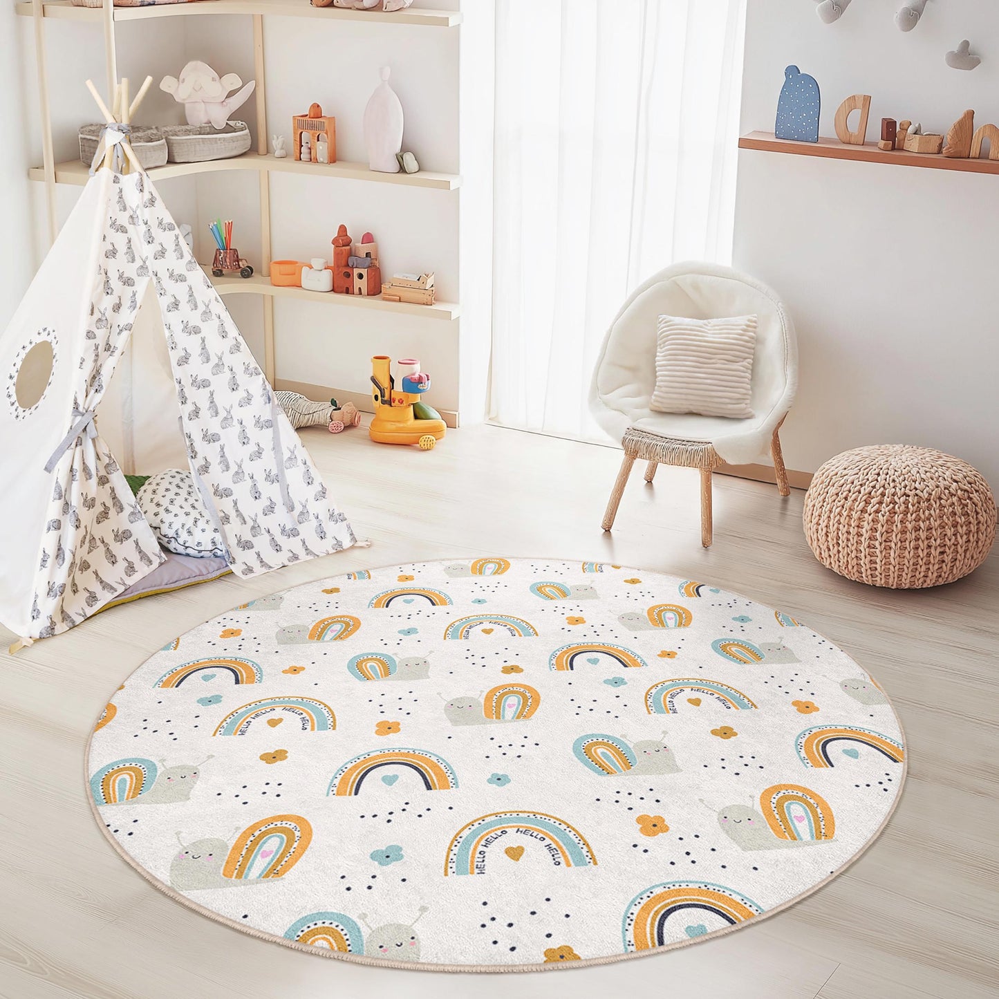Cute Snail and Rainbow Round Kids Rug, Playful Nursery Carpet, Children's Room Decor, Soft Playroom Mat, Colorful Kids Rug