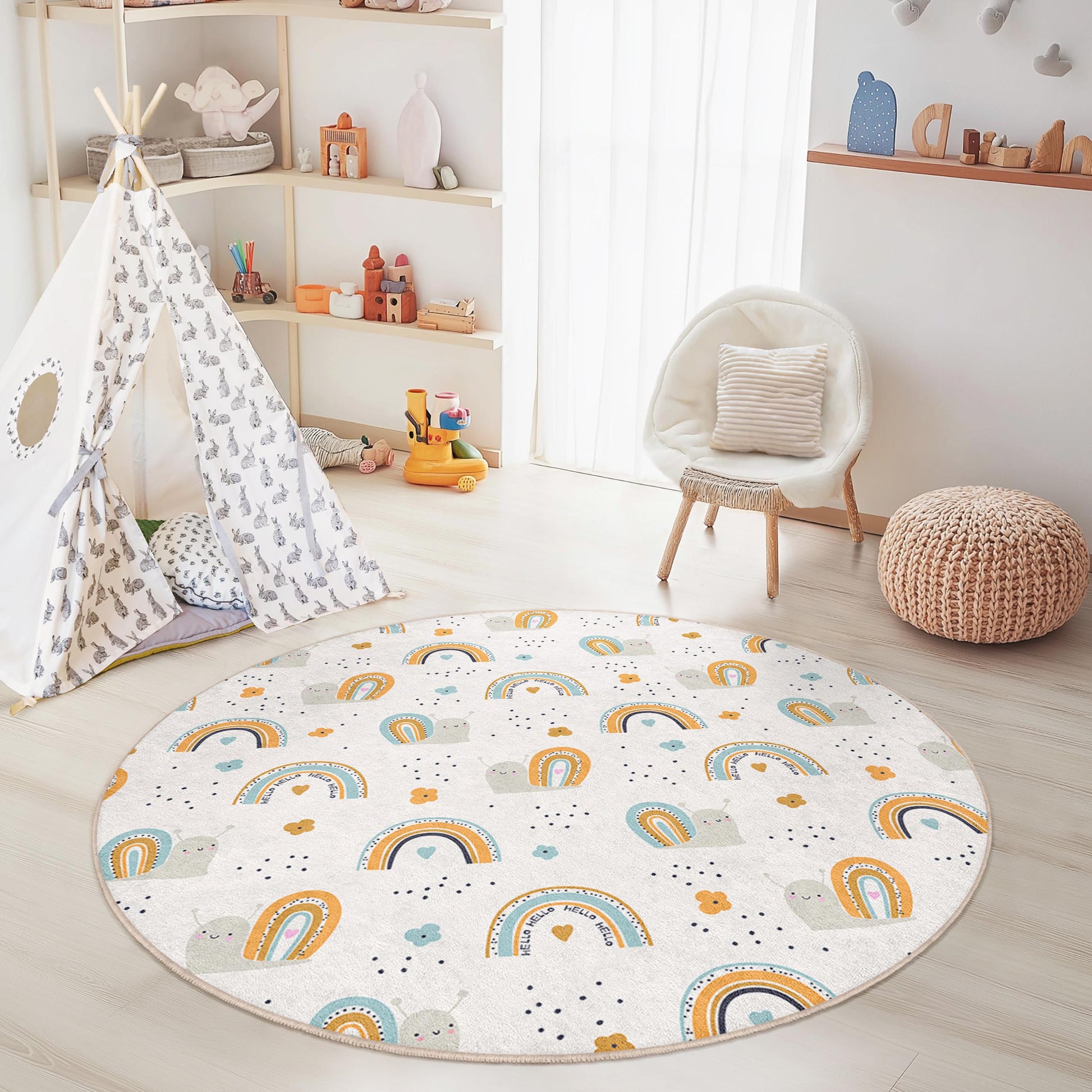 Cute Snail and Rainbow Round Kids Rug, Playful Nursery Carpet, Children's Room Decor, Soft Playroom Mat, Colorful Kids Rug