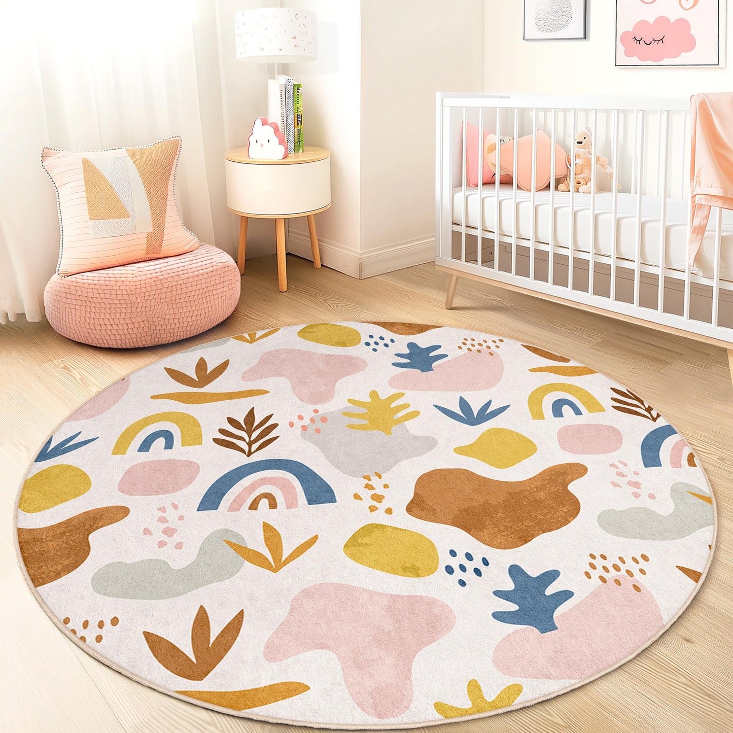 Verspielter runder Kinderteppich, farbenfroher abstrakter Spielzimmerteppich, weicher Kinderzimmerteppich, lustige Spielmatte für Kinderzimmer