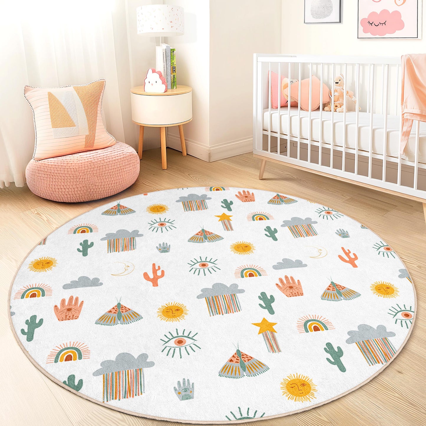 Bunter runder Kinderteppich „Wüstenabenteuer“, Spielmatte mit lustigem Muster, Kinderzimmerdeko, Kinderzimmerteppich, interaktive Spielmatte