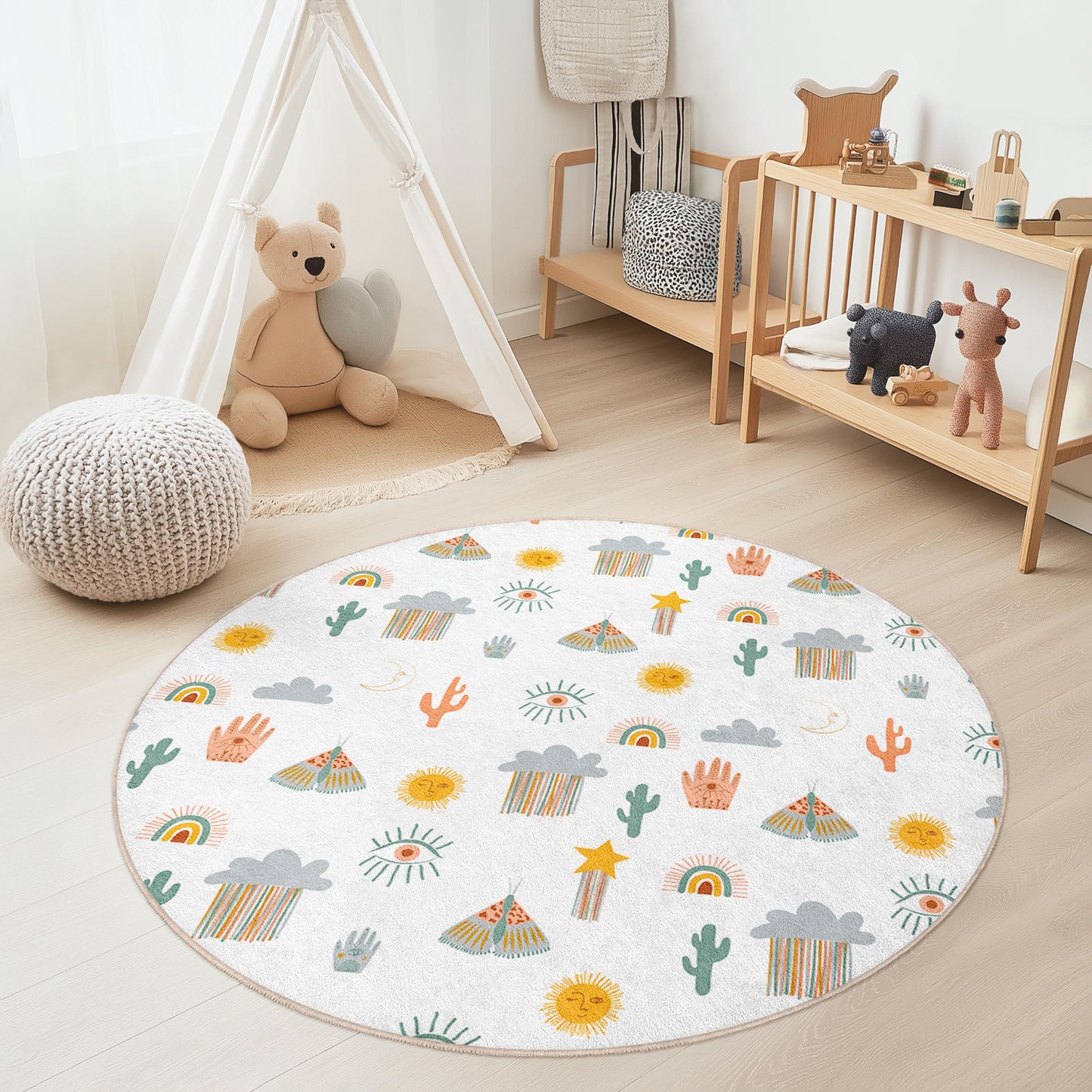 Bunter runder Kinderteppich „Wüstenabenteuer“, Spielmatte mit lustigem Muster, Kinderzimmerdeko, Kinderzimmerteppich, interaktive Spielmatte
