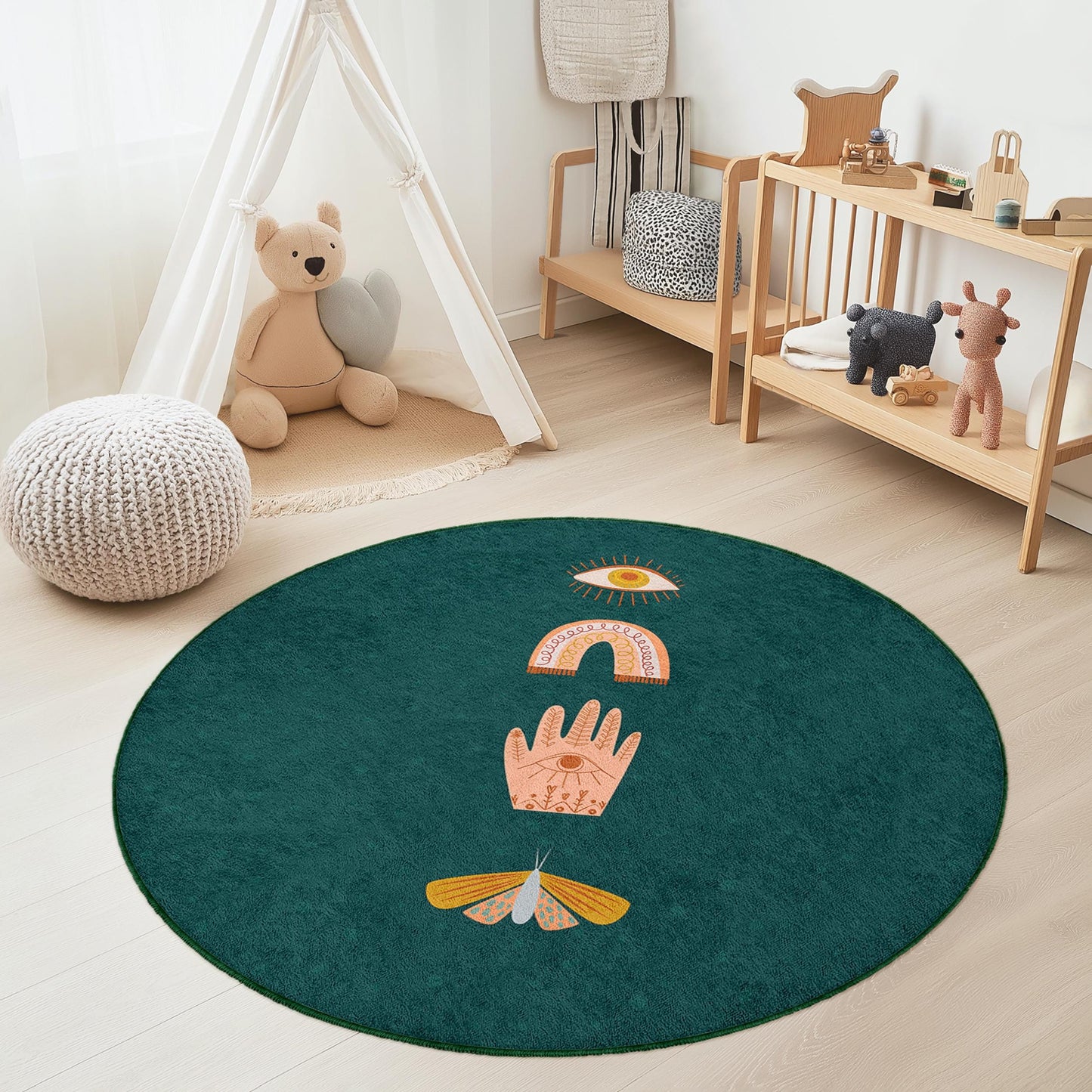 Mystischer Kinderteppich: Buntes Augen- und Regenbogenmotiv – Spielzimmerdekoration