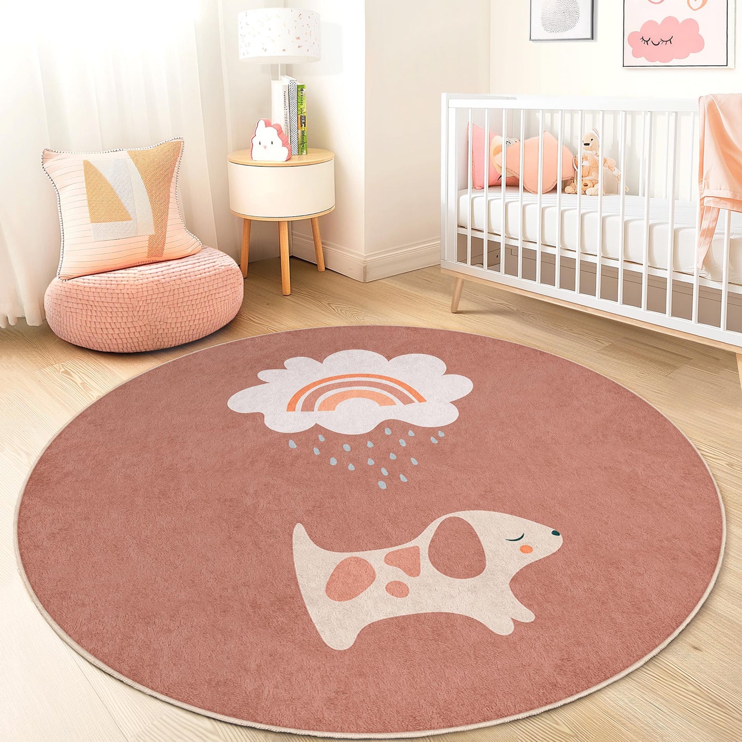 Niedlicher runder Kinderteppich mit Regenbogenmuster und Hundemotiv, Kinderzimmerdeko, Spielmatte, weicher runder Teppich fürs Kinderzimmer, bezaubernder Teppich mit Haustiermotiv