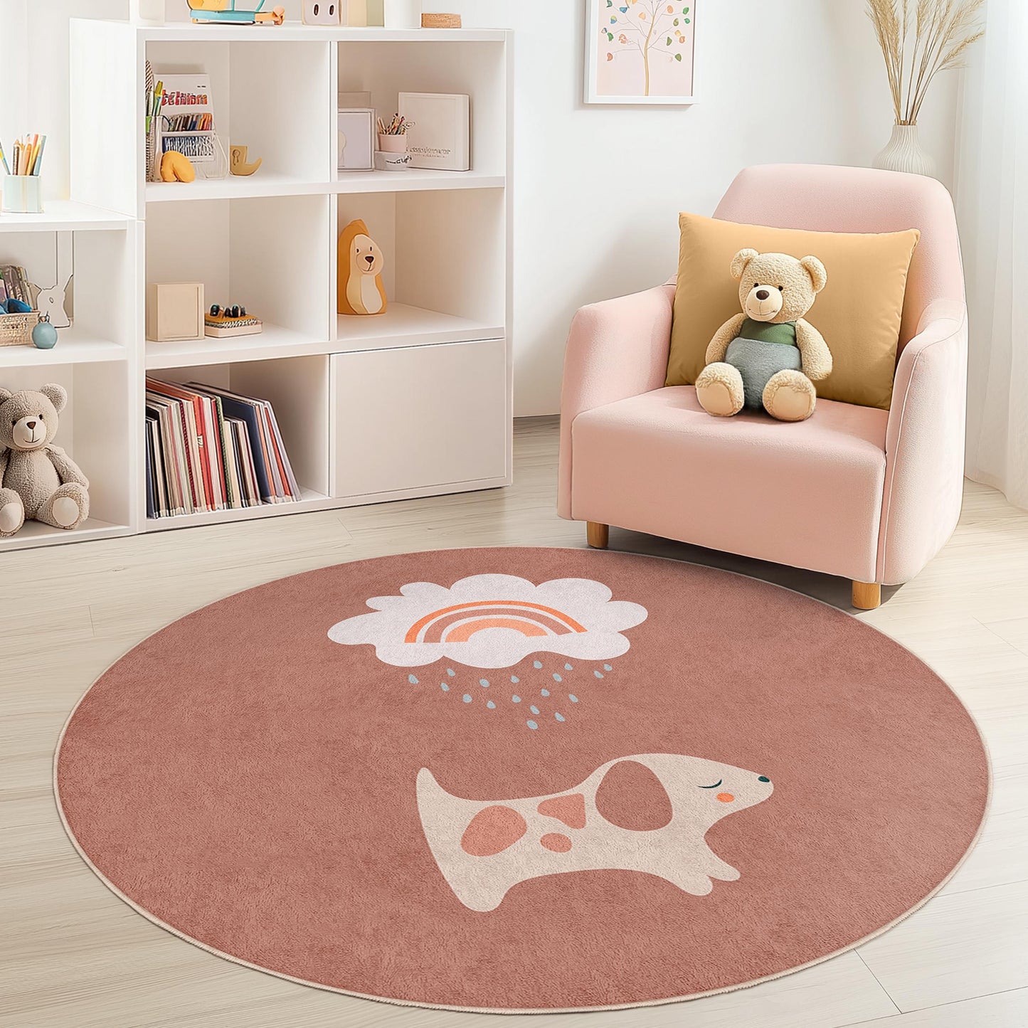 Niedlicher runder Kinderteppich mit Regenbogenmuster und Hundemotiv, Kinderzimmerdeko, Spielmatte, weicher runder Teppich fürs Kinderzimmer, bezaubernder Teppich mit Haustiermotiv