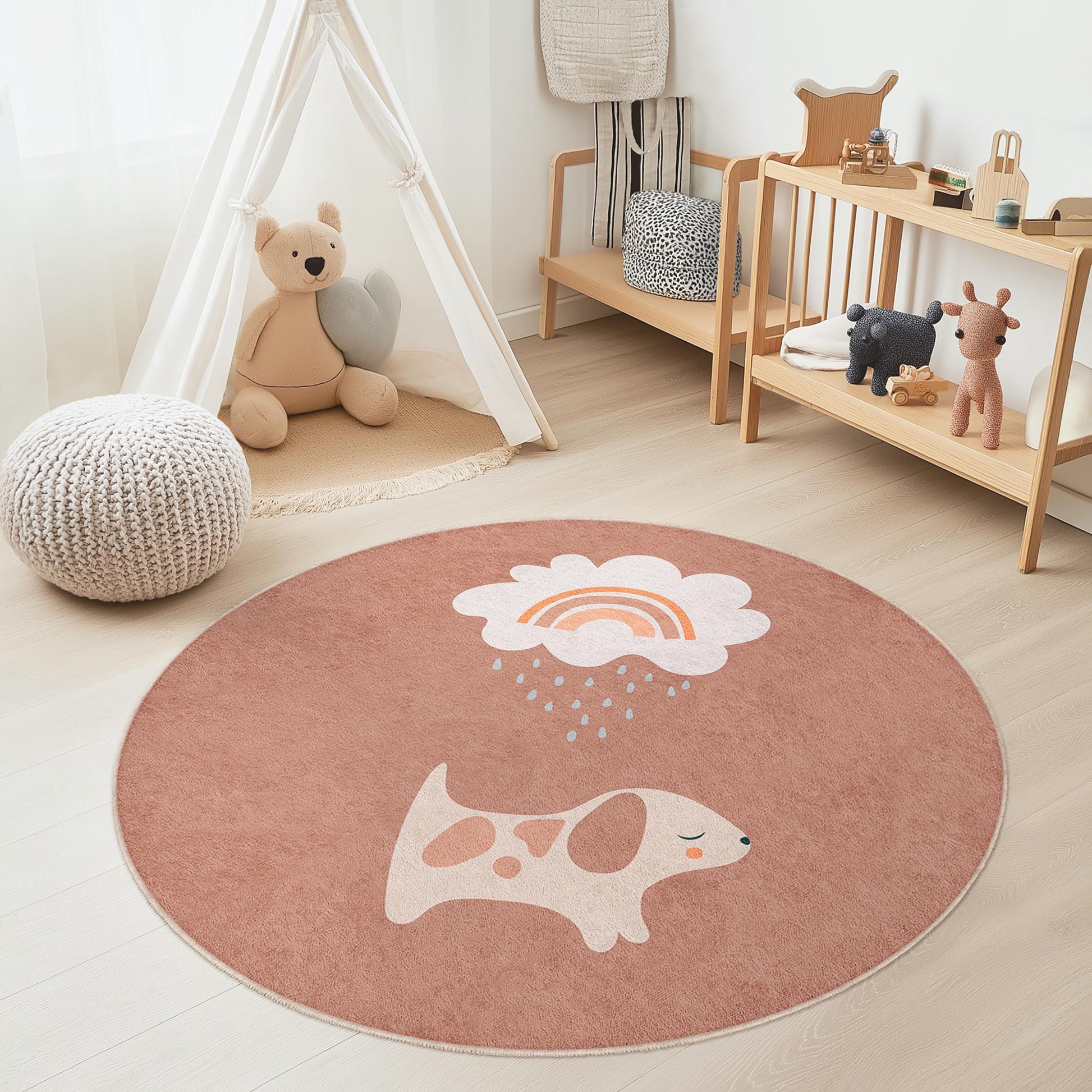 Cute Dog Rainbow Round Kids Rug, Nursery Decor, Playroom Mat, Soft Round Carpet for Children's Room, Adorable Pet Theme Rug
