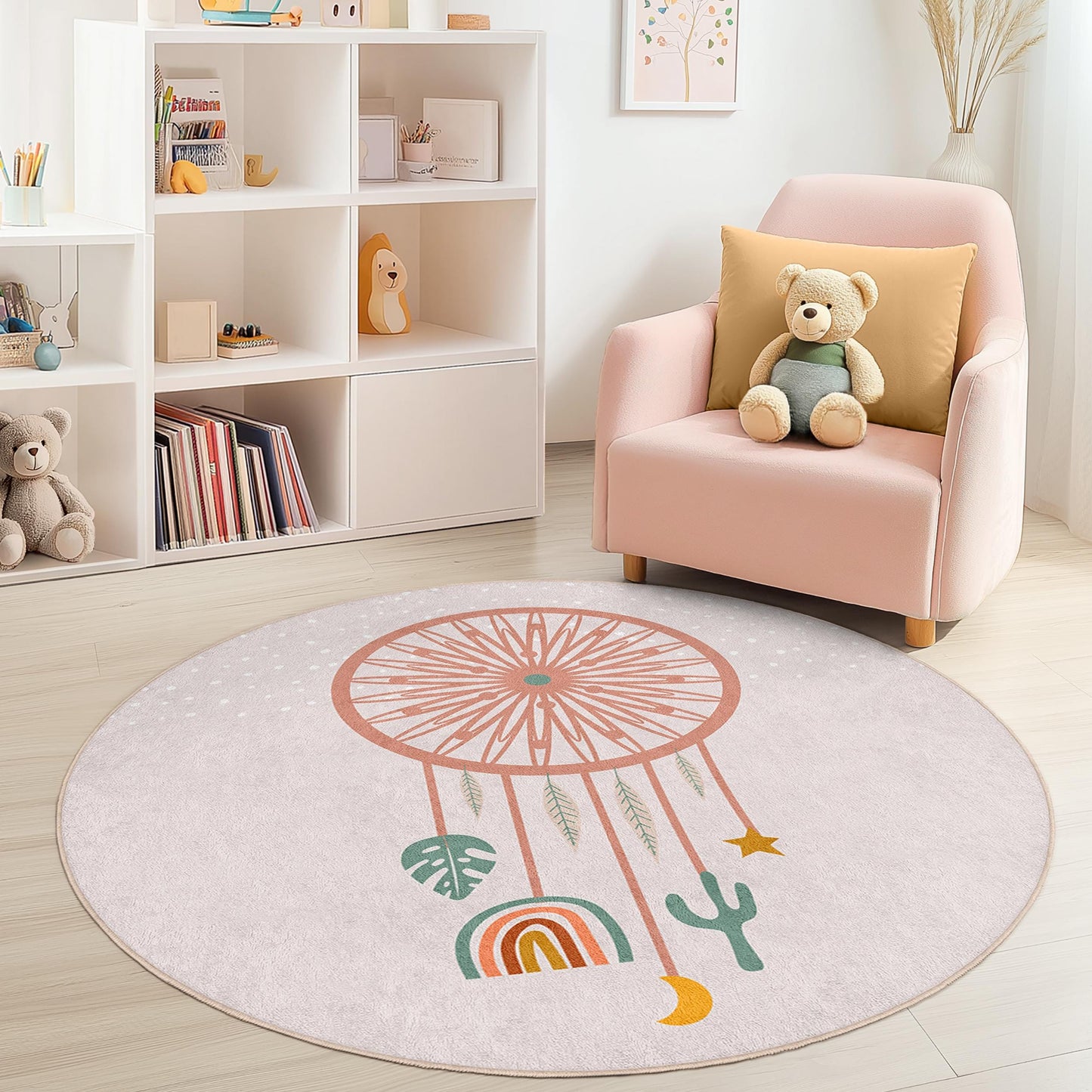 Runder Kinderteppich „Traumfänger“, Boho-Kinderzimmerdeko, weicher runder Teppich für Kinderzimmer, Spielzimmerteppich, einzigartiges Kindergeschenk