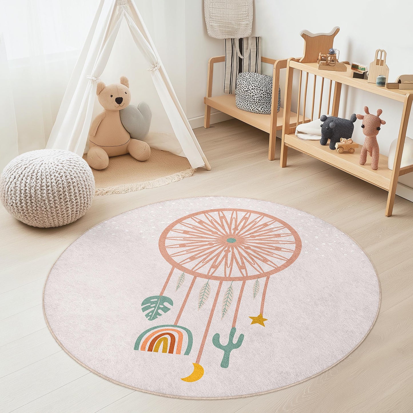Runder Kinderteppich „Traumfänger“, Boho-Kinderzimmerdeko, weicher runder Teppich für Kinderzimmer, Spielzimmerteppich, einzigartiges Kindergeschenk