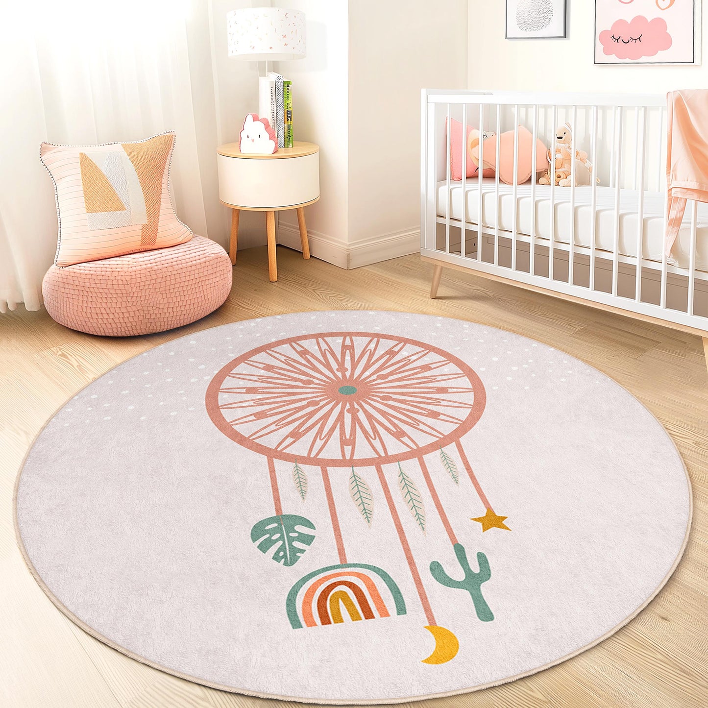 Dreamcatcher Round Kids Rug, Boho Nursery Decor, Soft Round Carpet for Kids Room, Playroom Area Rug, Unique Kids Gift