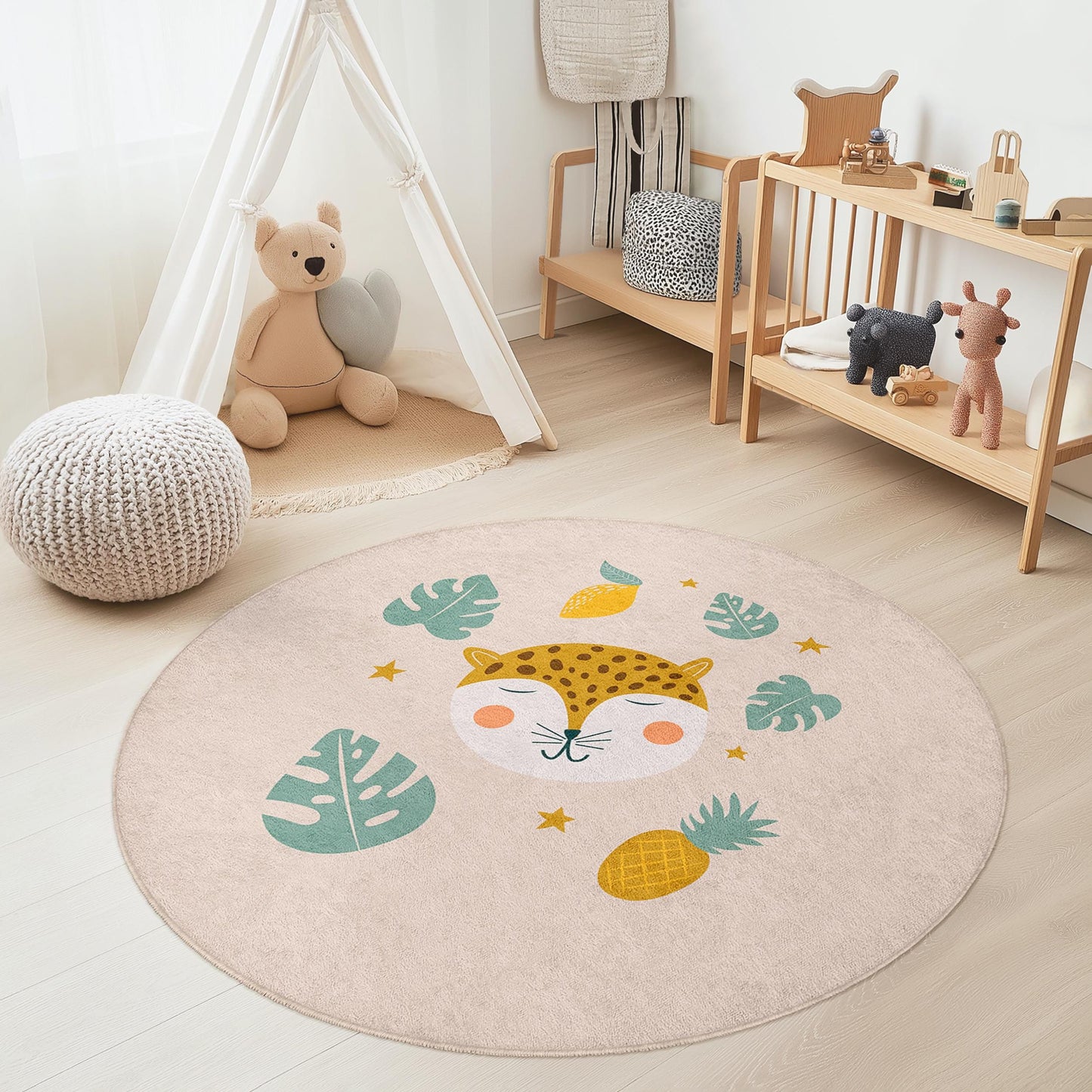 Niedlicher runder Dschungeltier-Kinderteppich, Leopardenmuster-Kinderzimmerteppich, lustige Spielzimmerdekoration, weiche Spielmatte fürs Kinderzimmer