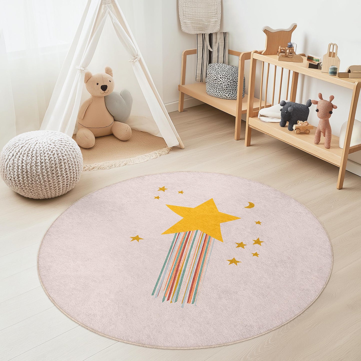 Runder Kinderteppich „Sternennacht“, verträumte Spielmatte fürs Kinderzimmer, gemütliche Kinderzimmerdekoration, Teppich mit Sternen- und Mondmotiv
