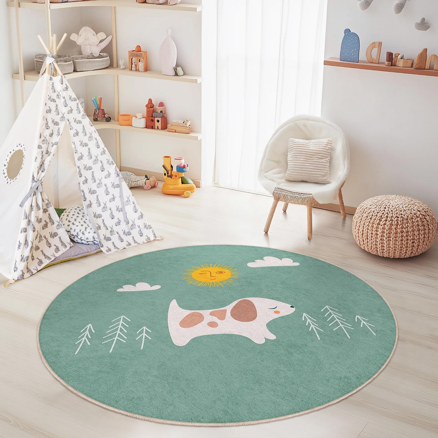 Runder Kinderteppich mit niedlichem Hundemotiv, Spielmatte mit Hundemotiv, Kinderzimmerdeko, Kinderzimmerteppich, weicher Haustierteppich, Spielzimmeraccessoires
