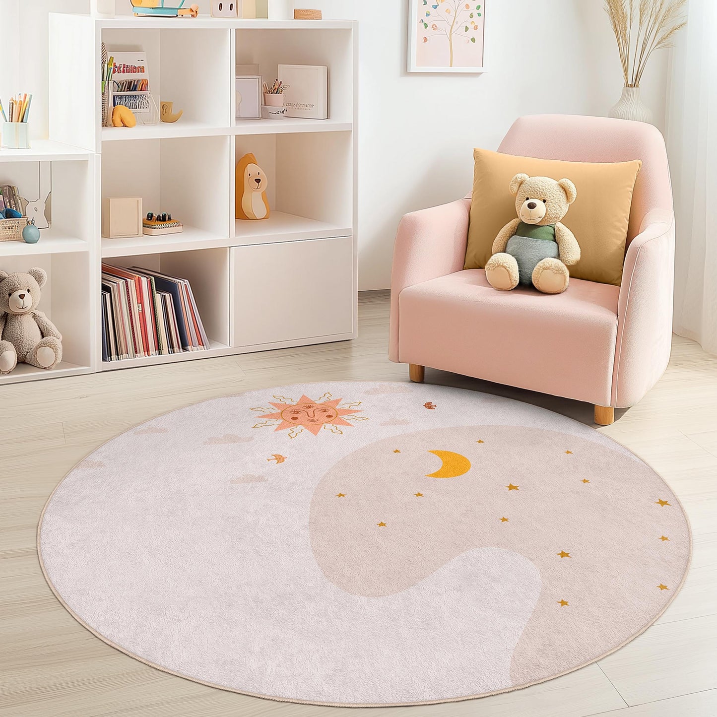 Runder Kinderteppich mit Sonne- und Mondmotiv, himmlische Kinderzimmerdekoration, weiche Spielmatte, Teppich für das Kinderzimmer, Spielzimmerteppich, Kinderteppich