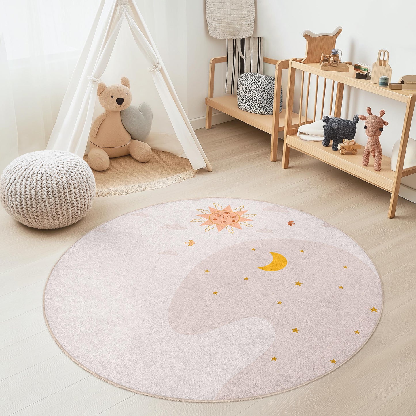 Runder Kinderteppich mit Sonne- und Mondmotiv, himmlische Kinderzimmerdekoration, weiche Spielmatte, Teppich für das Kinderzimmer, Spielzimmerteppich, Kinderteppich