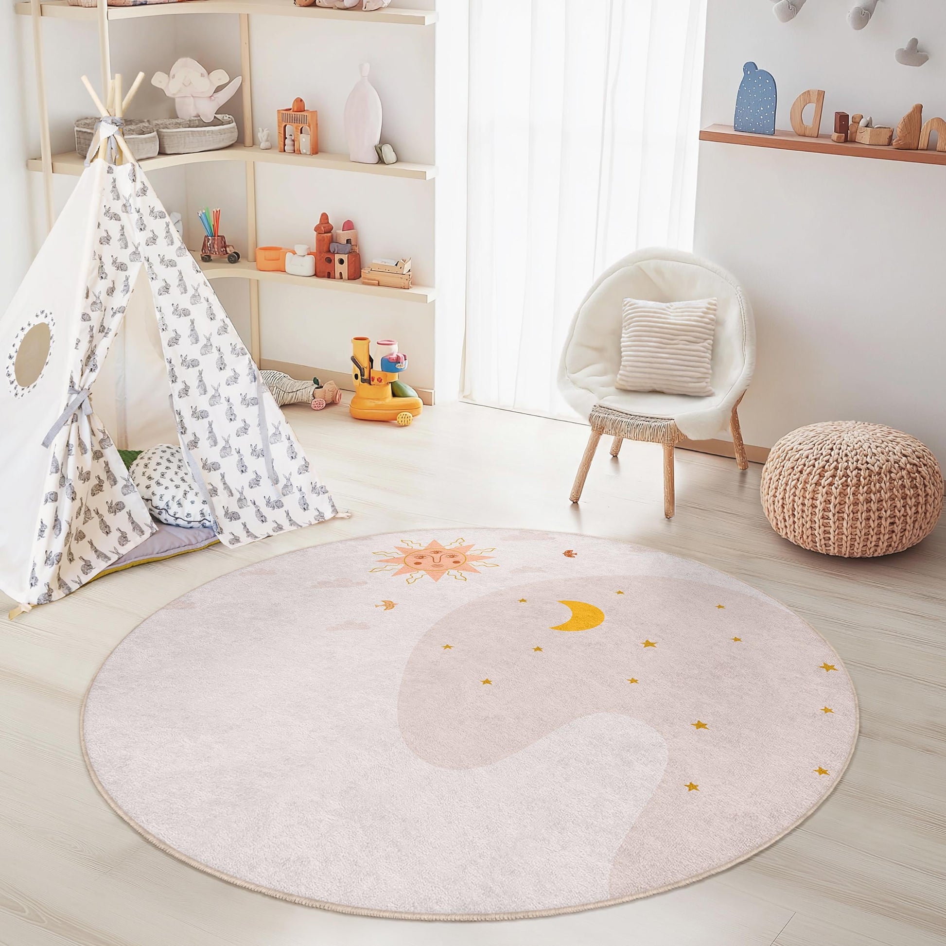 Sun and Moon Round Kids Rug, Celestial Kids Room Decor, Soft Play Mat, Nursery Area Rug, Playroom Carpet, Children's Rug