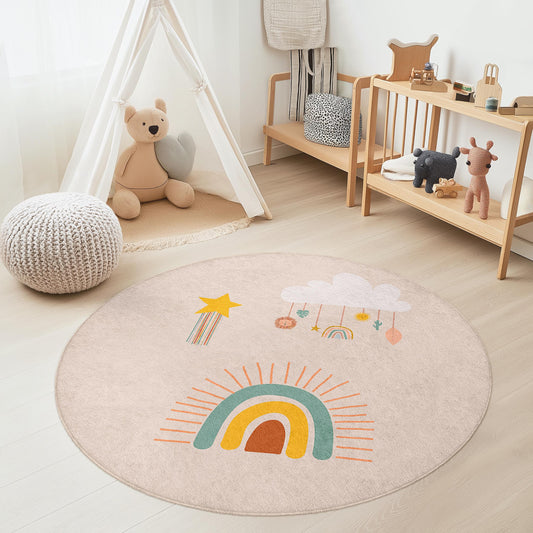 Colorful Rainbow Round Kids Rug, Playful Cloud Design for Children's Room, Soft Nursery Carpet, Cute Toddler Decor