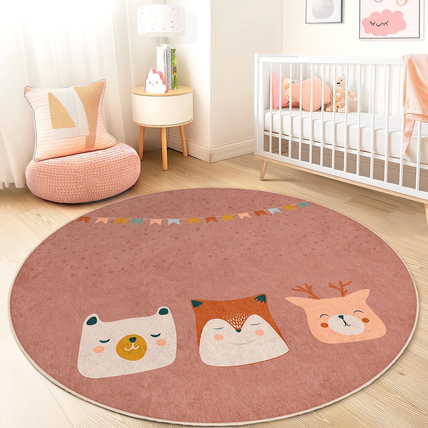 Runder Kinderteppich mit niedlichen Tiergesichtern, verspielte Kinderzimmerdekoration, weicher runder Teppich fürs Kinderzimmer, Teppich mit Tiermotiven, Spielmatte für Kinder