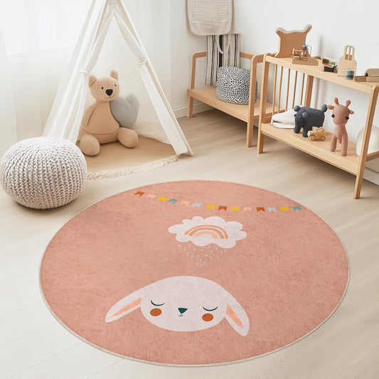 Cute Bunny Rainbow Round Kids Rug, Adorable Kids Play Mat, Soft Nursery Decor, Baby Room Carpet, Playroom Rug, Round Play Mat