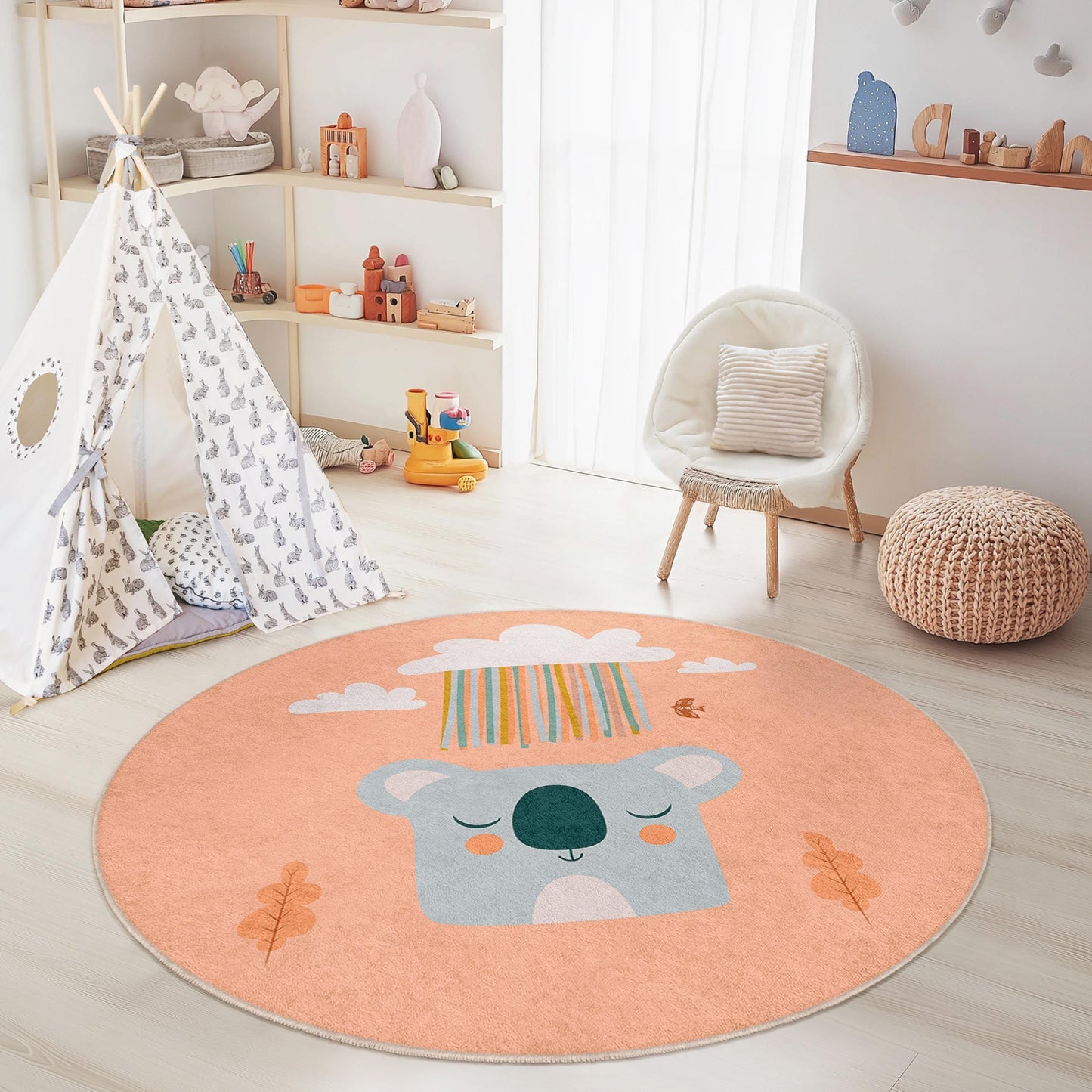 Niedlicher runder Koala-Kinderteppich, Tiermotiv-Kinderzimmerdeko, weiche Spielmatte fürs Kinderzimmer, bezaubernder runder Teppich fürs Spielzimmer