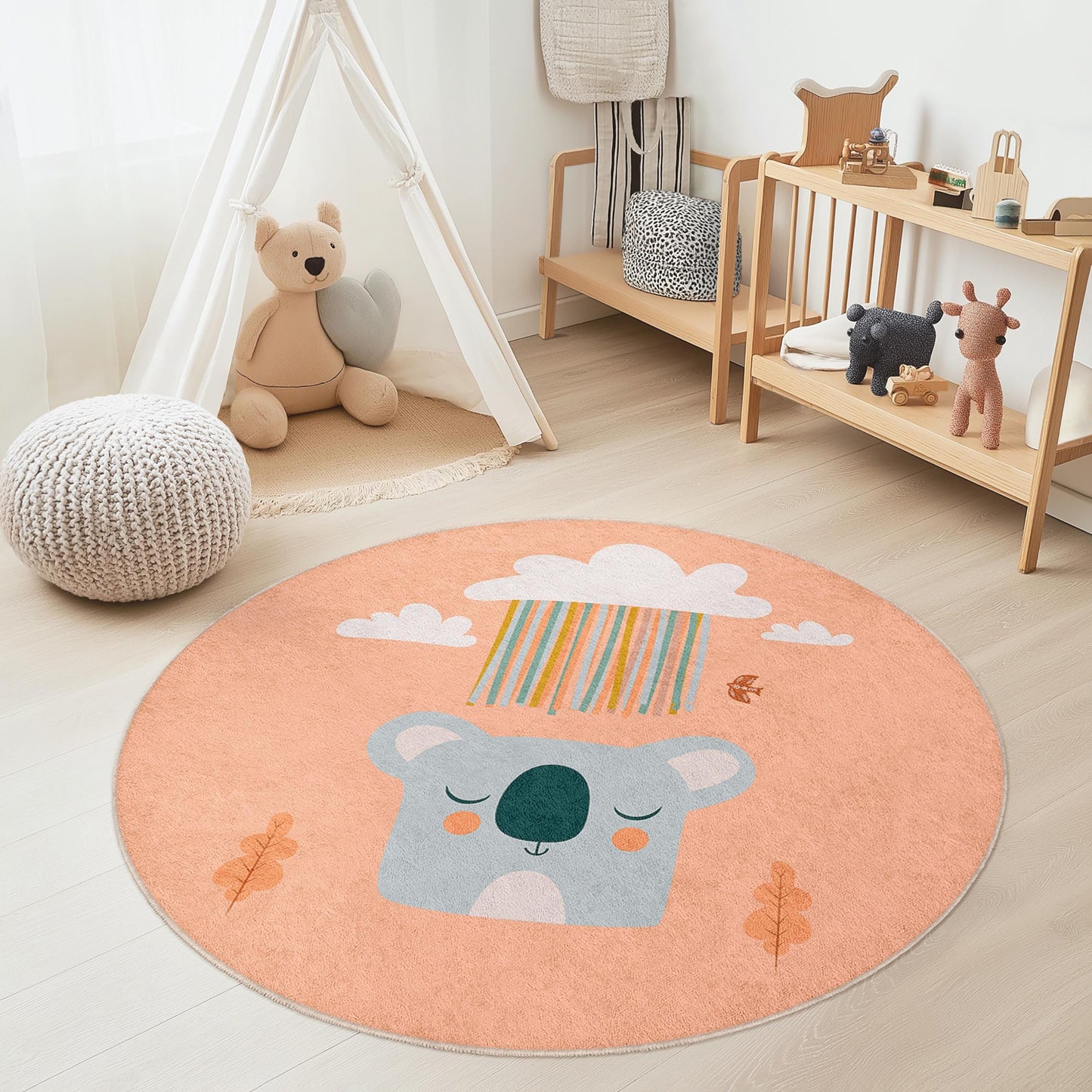 Niedlicher runder Koala-Kinderteppich, Tiermotiv-Kinderzimmerdeko, weiche Spielmatte fürs Kinderzimmer, bezaubernder runder Teppich fürs Spielzimmer