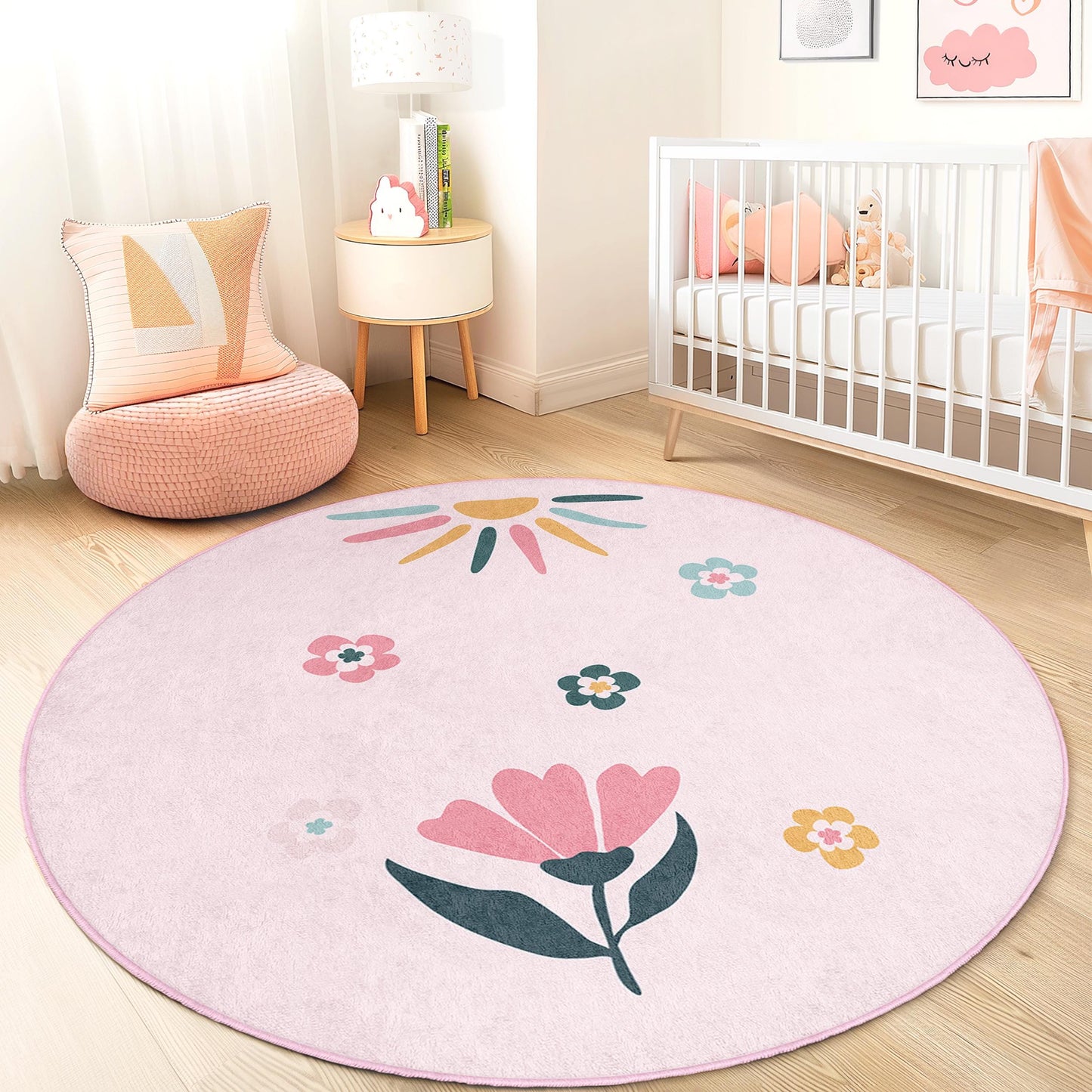 Runder Spielteppich mit Blumenmuster für Kinder, runder Teppich mit Blumenprint, Kinderzimmerdeko, Kinderzimmerteppich, niedliche Spielmatte mit Blumenmuster, Spielzimmerteppich