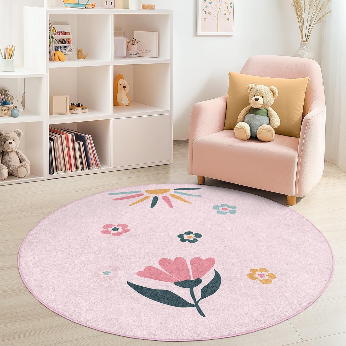 Runder Spielteppich mit Blumenmuster für Kinder, runder Teppich mit Blumenprint, Kinderzimmerdeko, Kinderzimmerteppich, niedliche Spielmatte mit Blumenmuster, Spielzimmerteppich