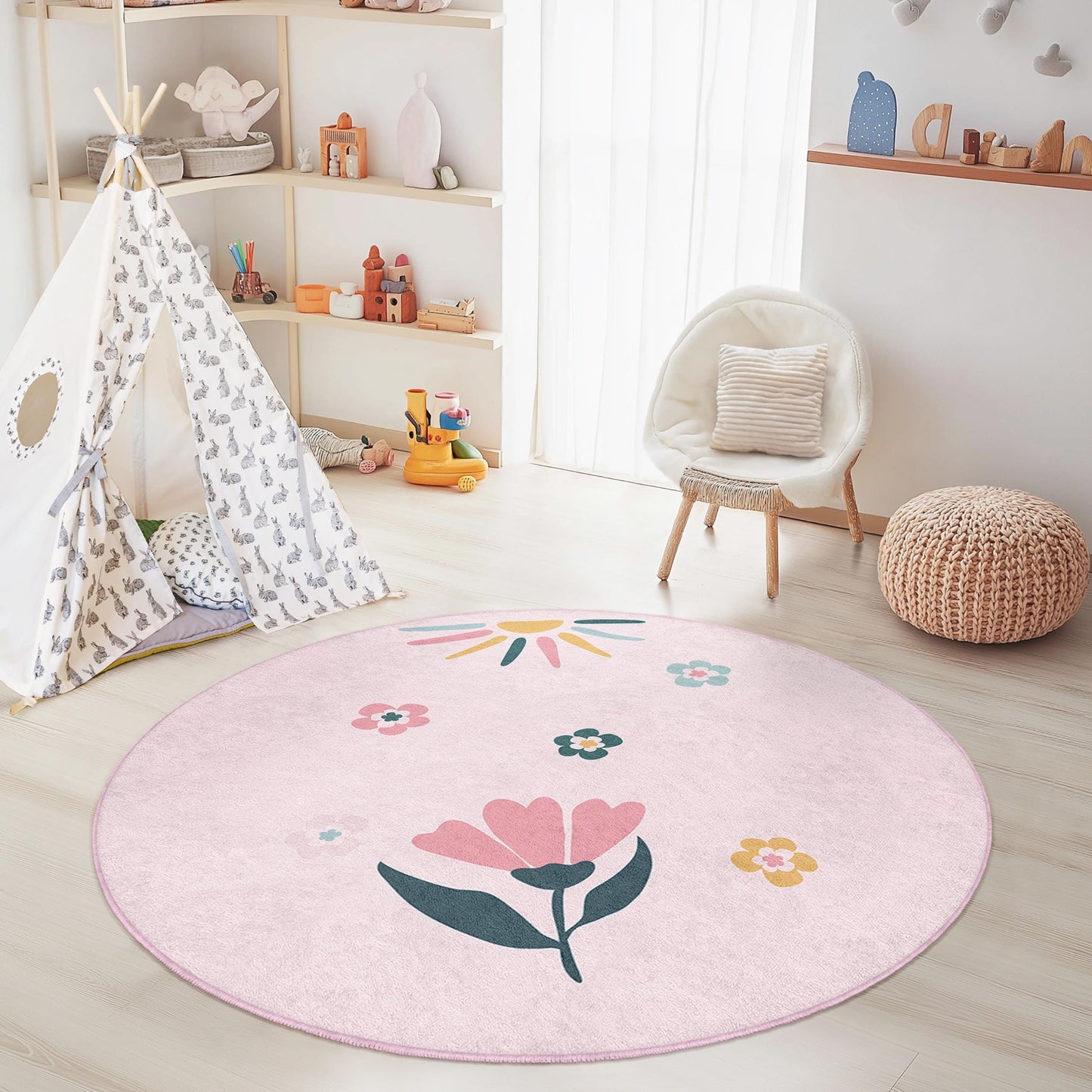 Runder Spielteppich mit Blumenmuster für Kinder, runder Teppich mit Blumenprint, Kinderzimmerdeko, Kinderzimmerteppich, niedliche Spielmatte mit Blumenmuster, Spielzimmerteppich