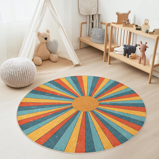 Colorful Sunburst Round Kids Rug, Vibrant Playroom Carpet, Soft Round Area Rug for Kids Room, Nursery Decor, Fun Kids Play Mat