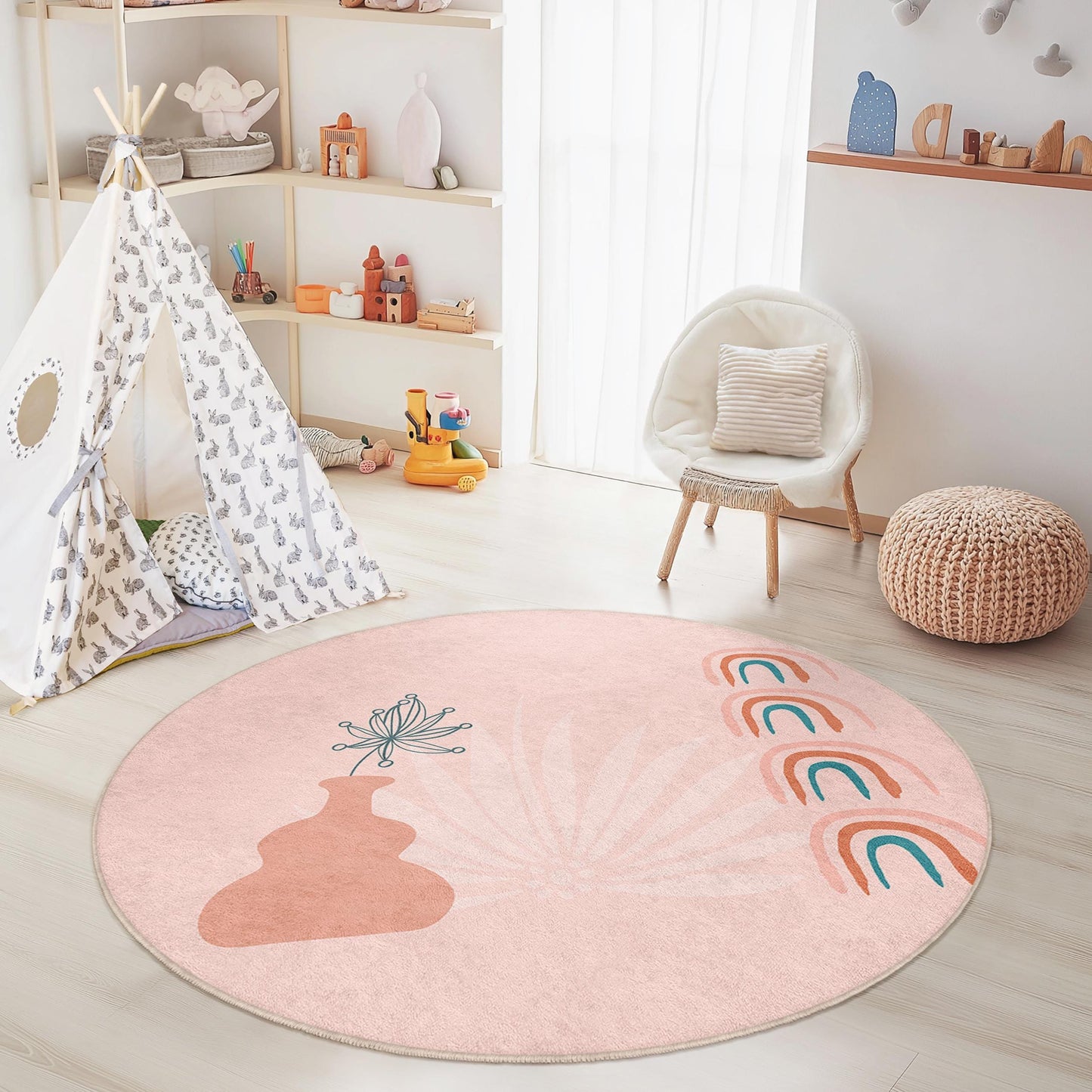 Rainbow Decor Round Kids Room Rug, Boho Rainbow Area Rug, Playful Round Carpet for Nursery, Kids Playroom Decor