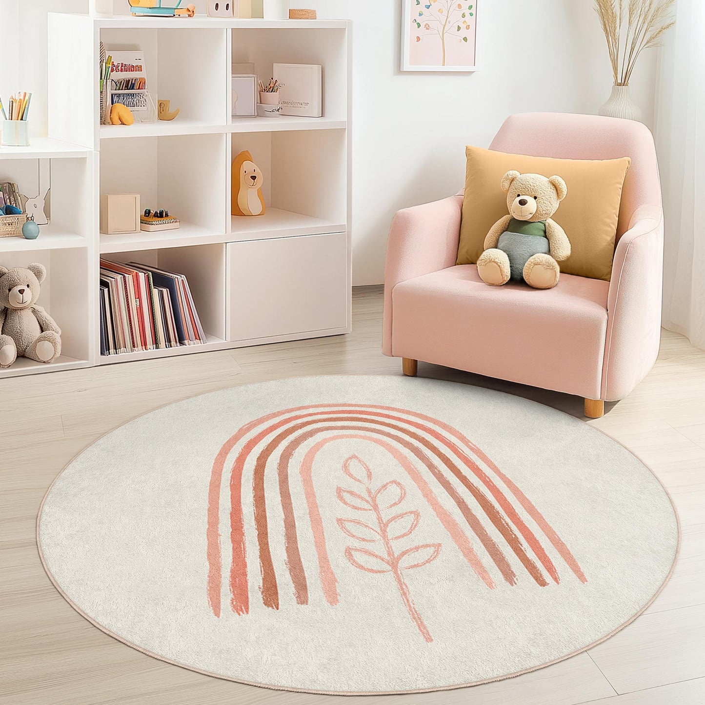 Runder Kinderteppich mit Regenbogen- und Blättermuster, Boho-Kinderzimmerteppich, weiche Spielmatte fürs Kinderzimmer, runder Teppich fürs Spielzimmer