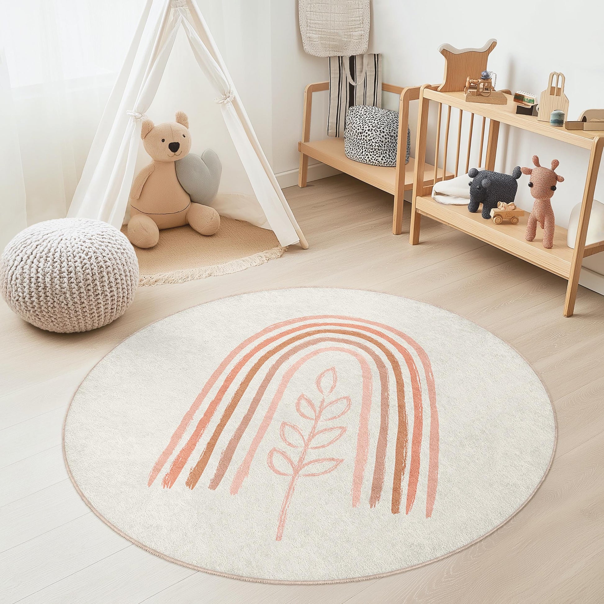 Rainbow and Leaf Pattern Round Kids Rug, Boho Nursery Rug, Soft Play Mat for Child's Room, Round Carpet for Playroom Decor