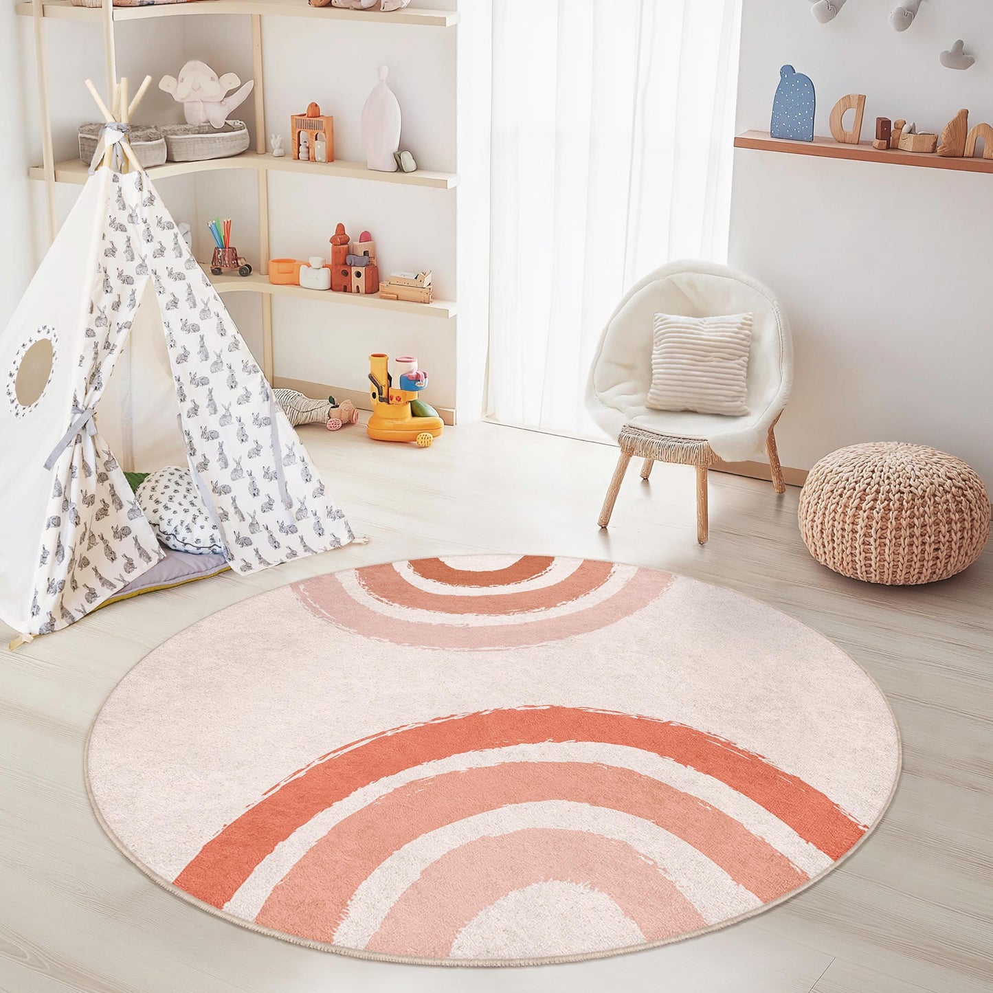 Runder Boho-Chic-Teppich, moderner abstrakter Kreisteppich, weicher runder Teppich für Kinderzimmer, Babyzimmer-Dekoration, Spielzimmer-Bodenmatte