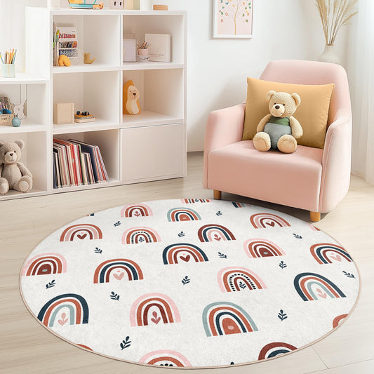Colorful Rainbow Pattern Round Kids Rug, Playroom Decor, Soft Round Carpet for Nursery, Kids Room, Play Mat