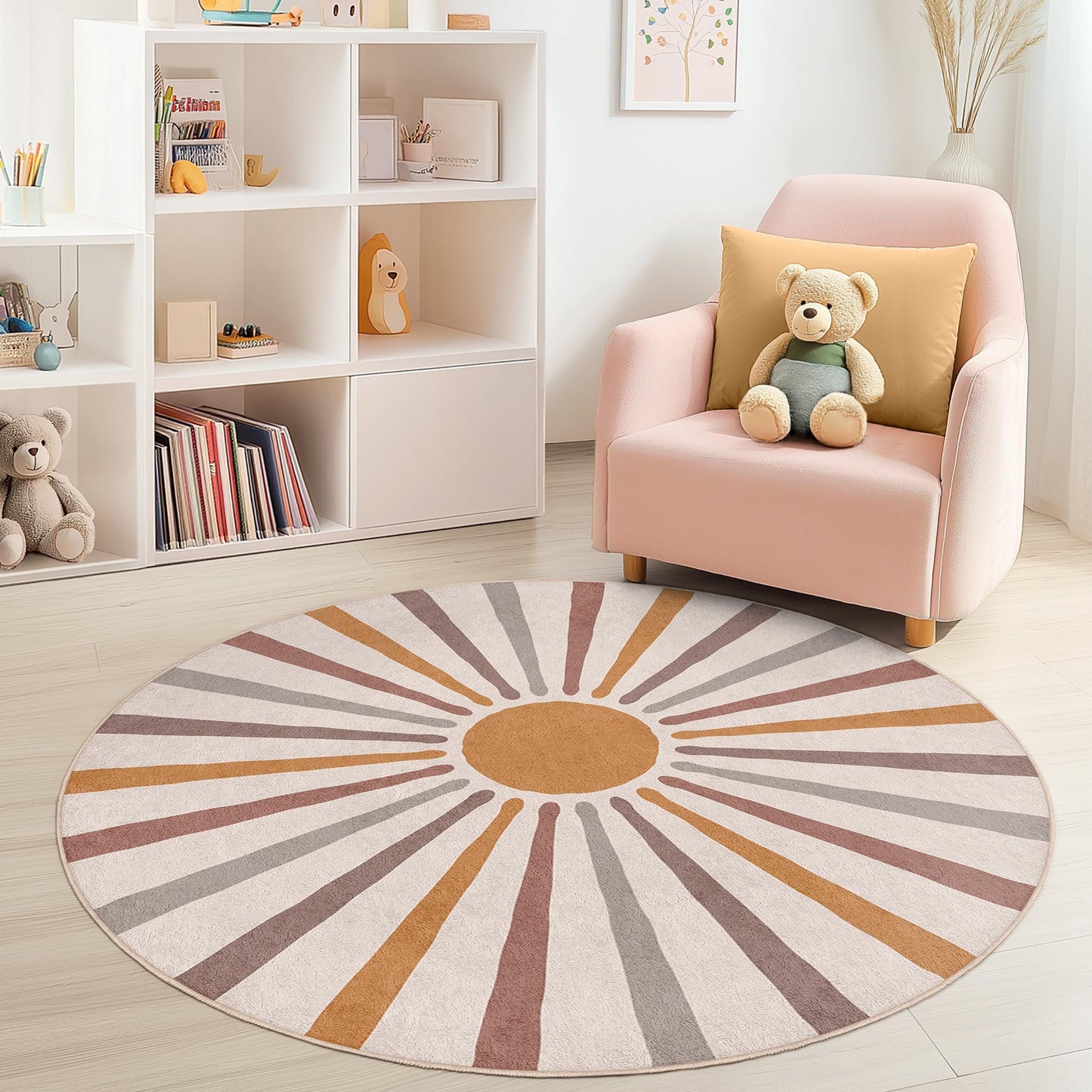 Runder Teppich mit Sonnenmotiv fürs Kinderzimmer, warmfarbiger runder Teppich, weiche Spielmatte, Kinderzimmerdeko, Spielzimmer-Accessoire