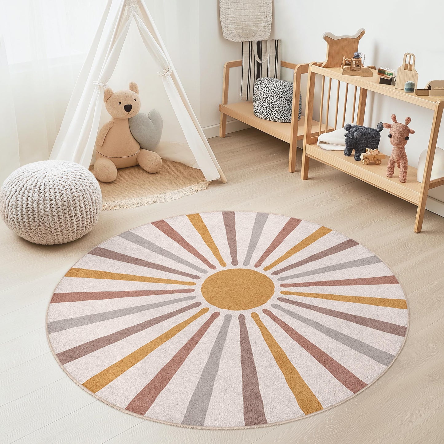 Runder Teppich mit Sonnenmotiv fürs Kinderzimmer, warmfarbiger runder Teppich, weiche Spielmatte, Kinderzimmerdeko, Spielzimmer-Accessoire