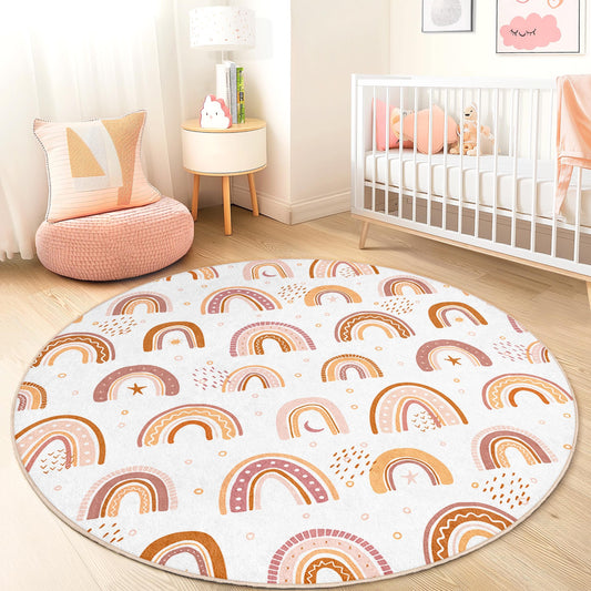 Rainbow Pattern Round Kids Rug, Colorful Nursery Decor, Soft Play Mat for Toddlers, Playroom Carpet, Baby Room Rug, Kids Bedroom Decor