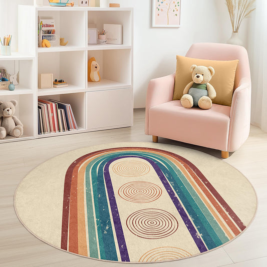 Colorful Rainbow Circle Kids Rug, Round Playroom Carpet, Soft Nursery Rug, Kids Room Decor, Fun Play Mat for Children
