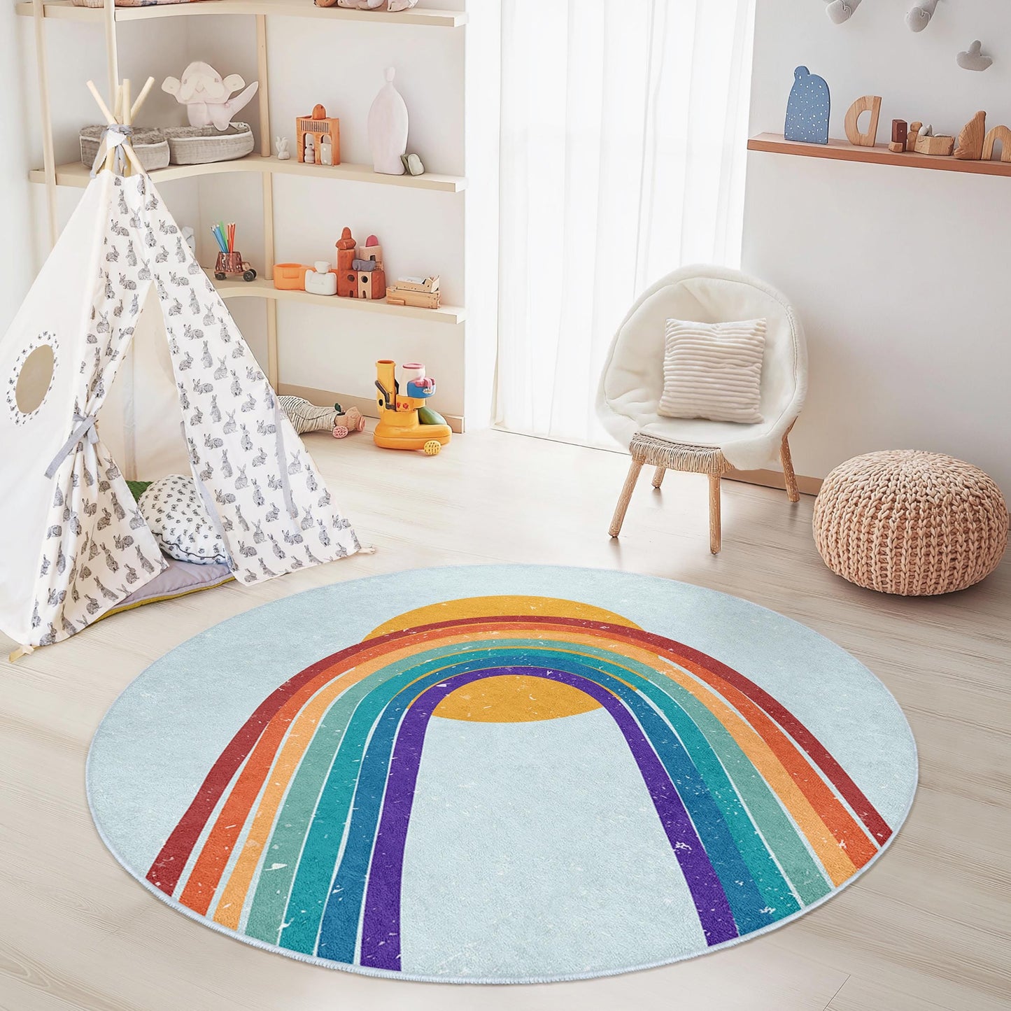 Bunter Regenbogen-Kinderteppich, lebendige Kinderzimmerdekoration, runder Spielzimmerteppich, weicher Kinderteppich, Babyzimmermatte