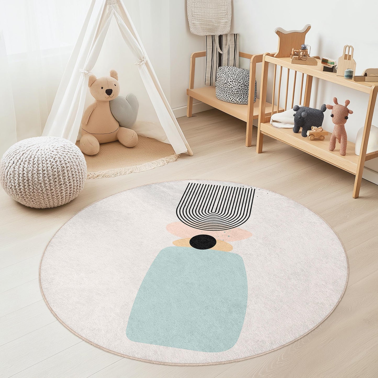 Moderner, abstrakter runder Teppich, geometrisches Muster, stilvoller runder Teppich für Kinderzimmer und Spielzimmer, weicher runder Teppich