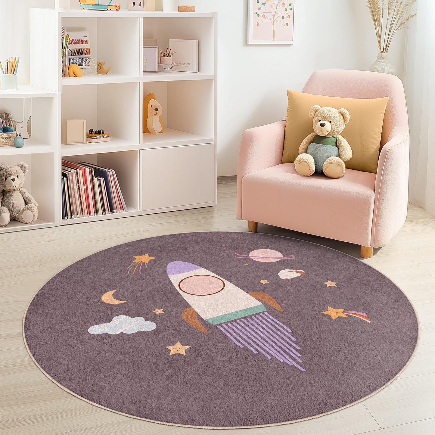 Runder Kinderteppich mit Raketen-Weltraummotiv, Spielmatte fürs Kinderzimmer, Kinderzimmerteppich, weicher runder Teppich für Kinder