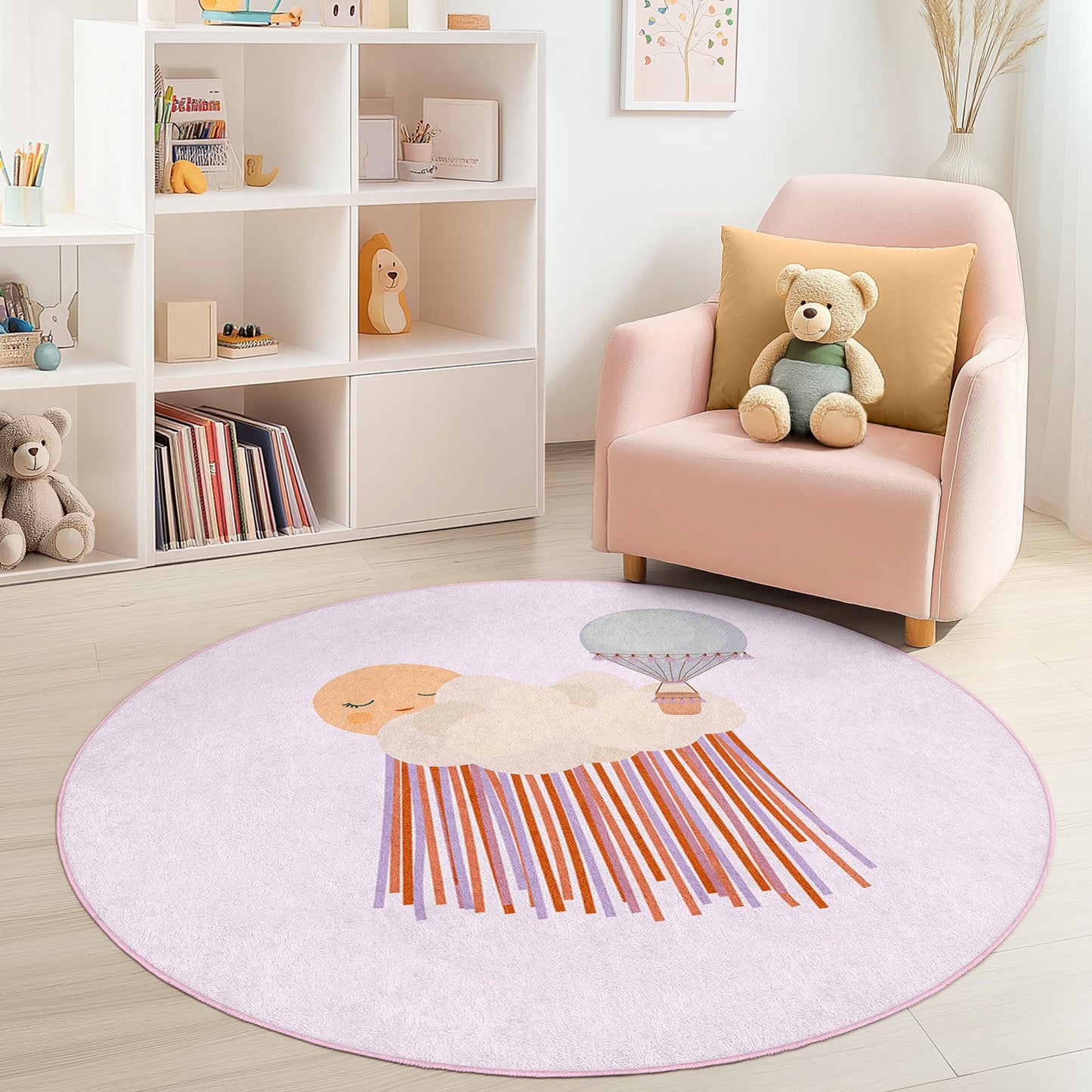 Runder Kinderteppich mit traumhaftem Heißluftballon-Motiv, Spielmatte mit Wolkenmuster, Kinderzimmerdekoration, weicher runder Teppich fürs Kinderzimmer