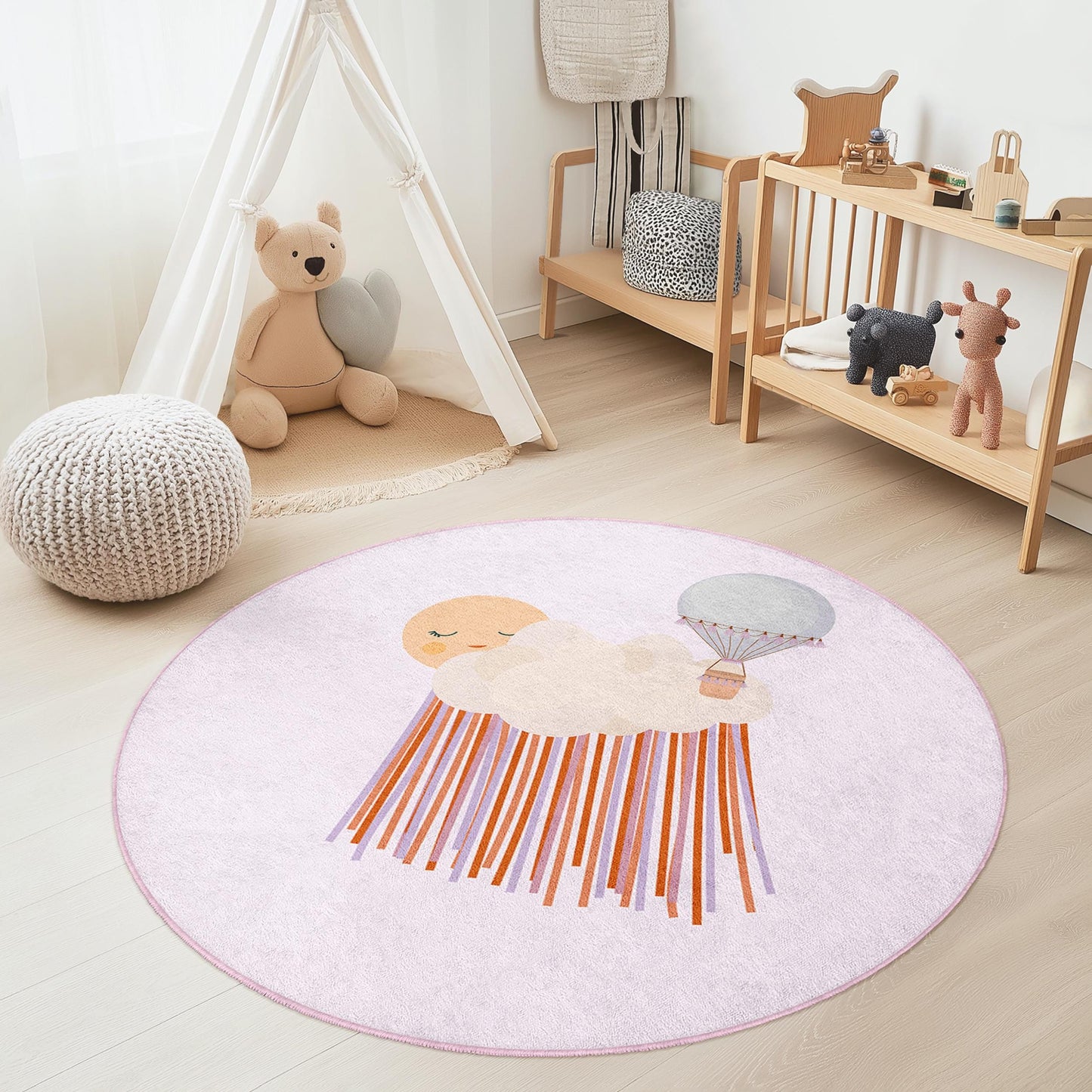 Runder Kinderteppich mit traumhaftem Heißluftballon-Motiv, Spielmatte mit Wolkenmuster, Kinderzimmerdekoration, weicher runder Teppich fürs Kinderzimmer