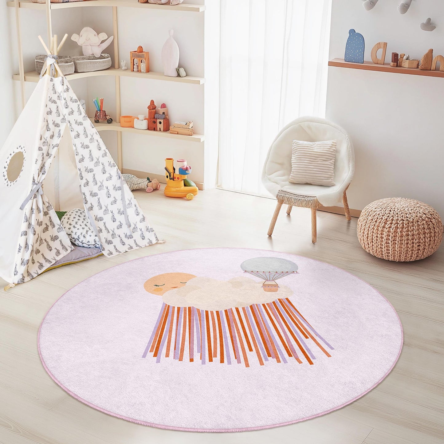 Runder Kinderteppich mit traumhaftem Heißluftballon-Motiv, Spielmatte mit Wolkenmuster, Kinderzimmerdekoration, weicher runder Teppich fürs Kinderzimmer