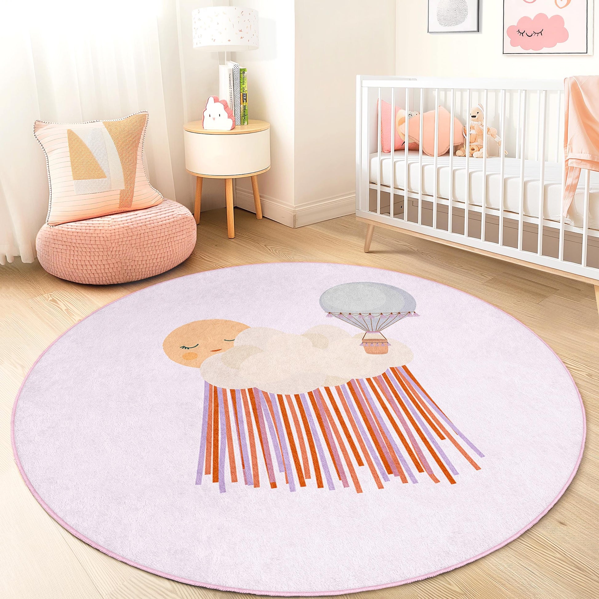 Dreamy Hot Air Balloon Round Kids Rug, Cloud Pattern Play Mat, Nursery Decor, Soft Round Carpet for Children's Room